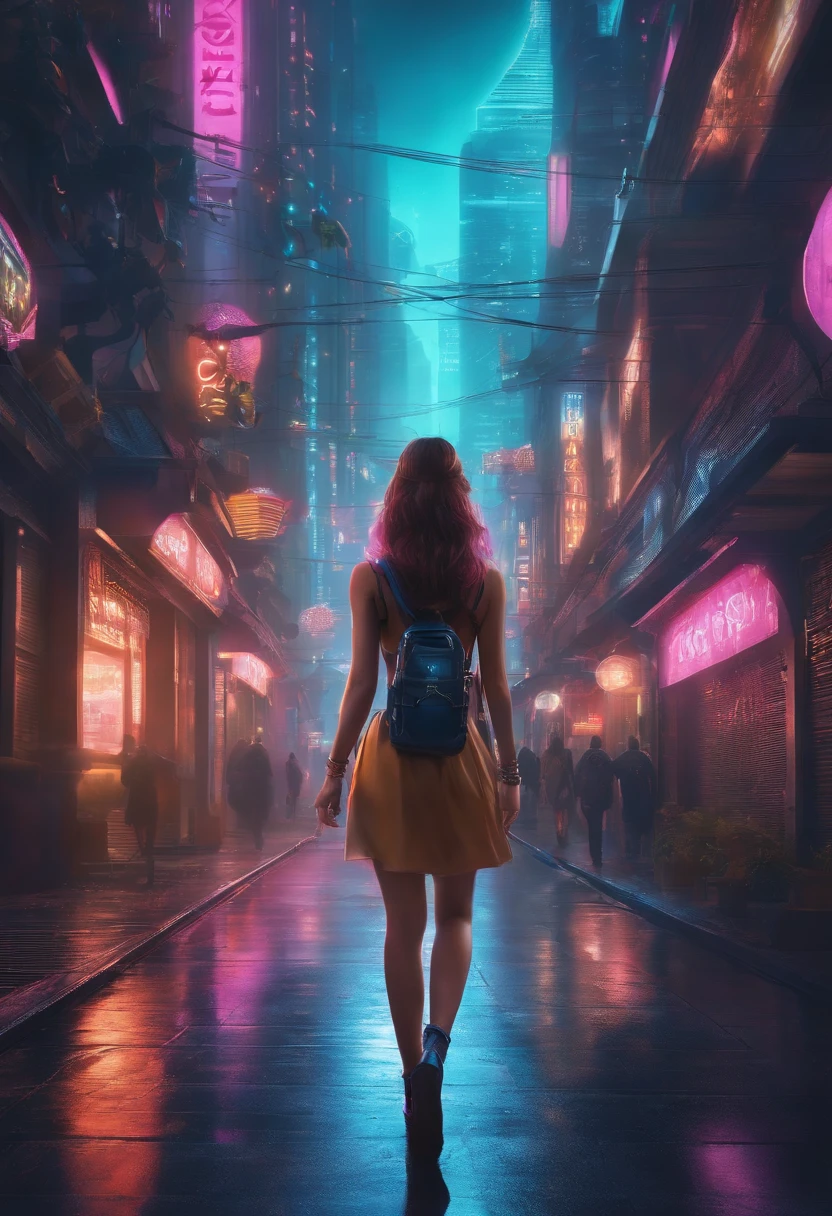 A magical girl with her back to the camera is walking in Cyber City