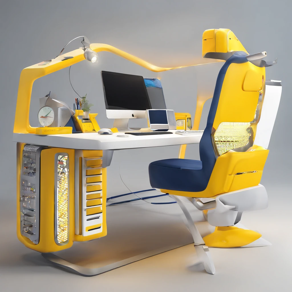(a futuristic working desk floating in the air), yellow navy grey white color, simple lightning, cute style, technology element, pc desktop, keyboard, mouse, chair, working desk, controller, white background, fine shape, front-top view