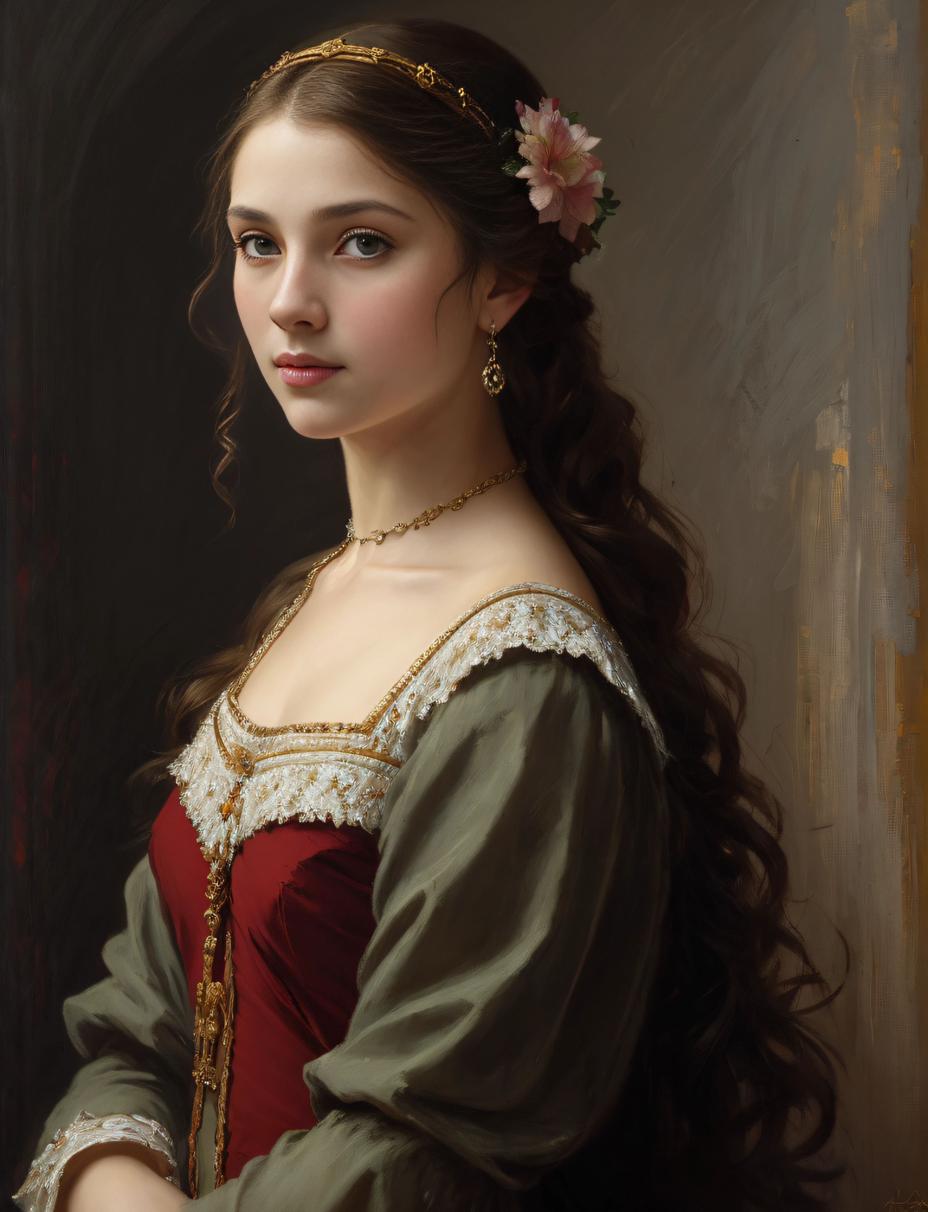 portrait, girl, middle ages, classicism, andrey atroshenko style, painting, traditional media, realistic, figurative, fine art, oil on canvas, HDR, 8K, original character, high resolution, high detail, focus on the face
