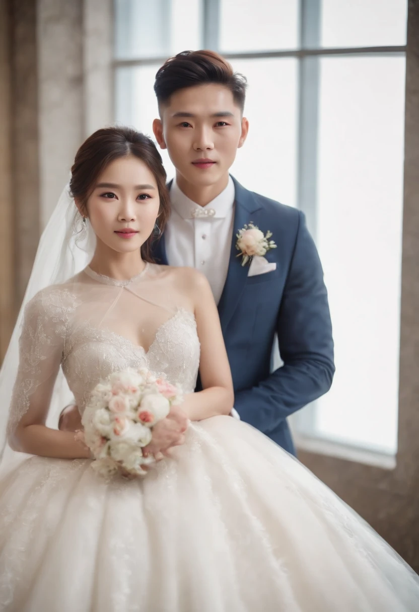 Korean groom and Korean bride looking at camera in a luxury building