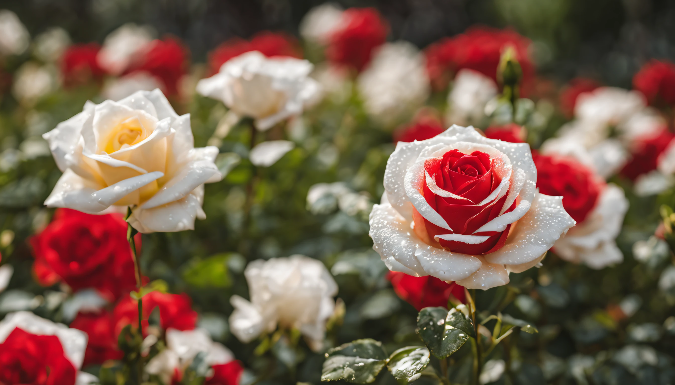 Many red and white rose flowers in the garden and sunlight with bokeh, dew drops on flower petals (masterpiece, ultra quality, high resolution, 8k, intricate: 1.2), (masterpiece), (best quality:1)