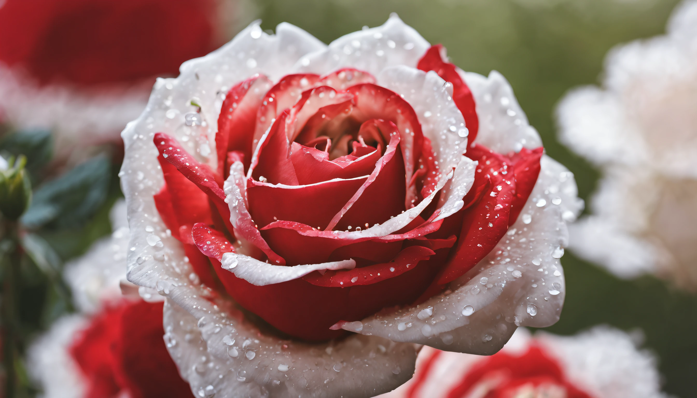 Many red and white rose flowers in the garden and sunlight with bokeh, dew drops on flower petals (masterpiece, ultra quality, high resolution, 8k, intricate: 1.2), (masterpiece), (best quality:1)