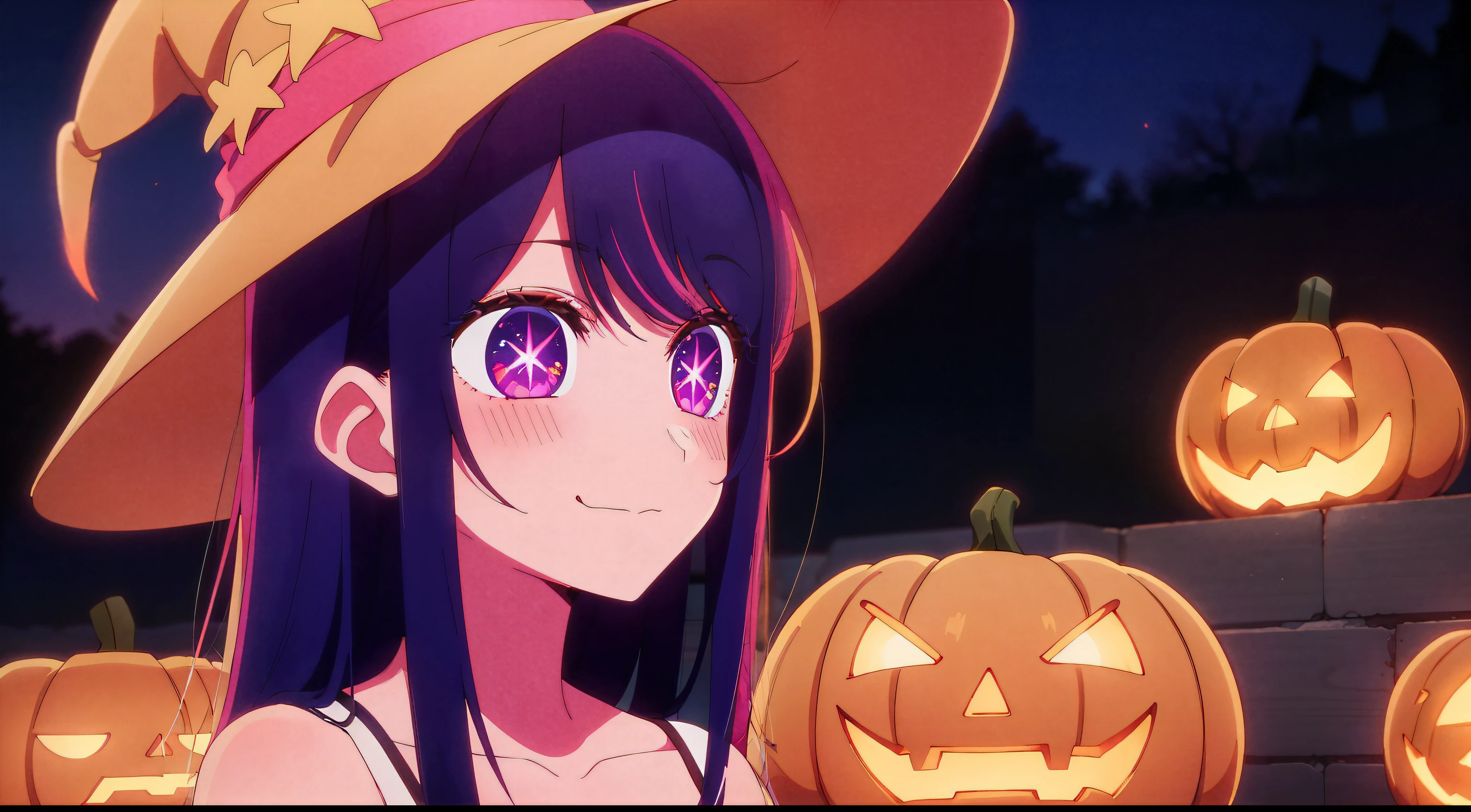 (Halloween styled, best quality,highly detailed:1.2),1girl,direct eye contact,soft lighting,anime styled,2D,witch hat,cute:1.1,Halloween theme,pumpkin decorations,ghost decorations,far shot, cleavage, stomach Anime girl with long hair and purple eyes, a picture inspired by Puru, Tumbler, conceptual art, Anime Best Girl, anime moe art style,  iwakura lain,  (Anime Girl)、A slight smile、Ai Hoshino, highres,realistic,pumpkins,ghost decorations,Halloween theme,vibrant colors,creepy atmosphere,lit by moonlight,haunted house,spooky shadows,autumn leaves,falling leaves,crispy air,eerily glowing eyes,cobwebs,scary pumpkins,ominous skies,dark and mysterious,