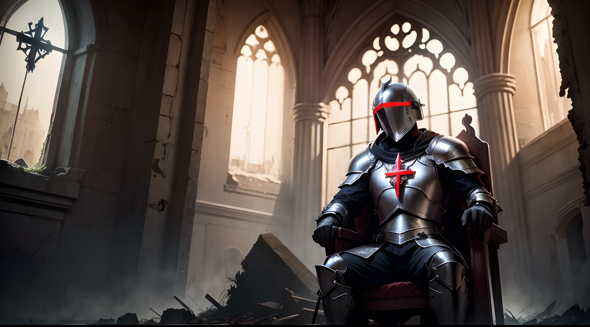 Knight Sitting on a throne in the ruins of a church Dark night Plate armor helmet Male Red inverted cross Glowing red hexagram