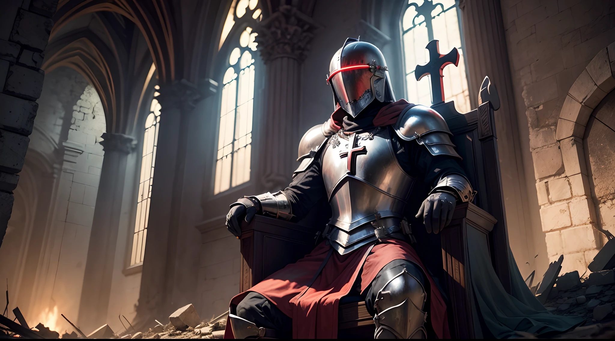 Knight Sitting on a throne in the ruins of a church Dark night Plate armor helmet Male Red inverted cross Glowing red hexagram