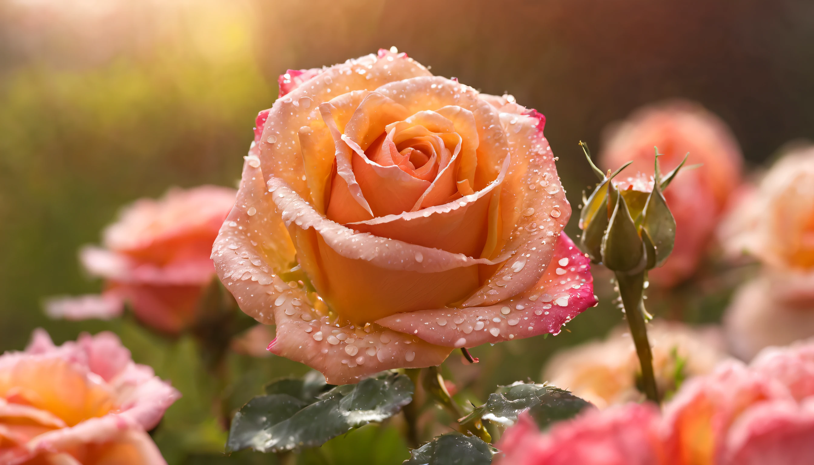 Many rose flowers in the garden and sunlight with bokeh, dew drops on flower petals (masterpiece, ultra quality, high resolution, 8k, intricate: 1.2), (masterpiece), (best quality:1)