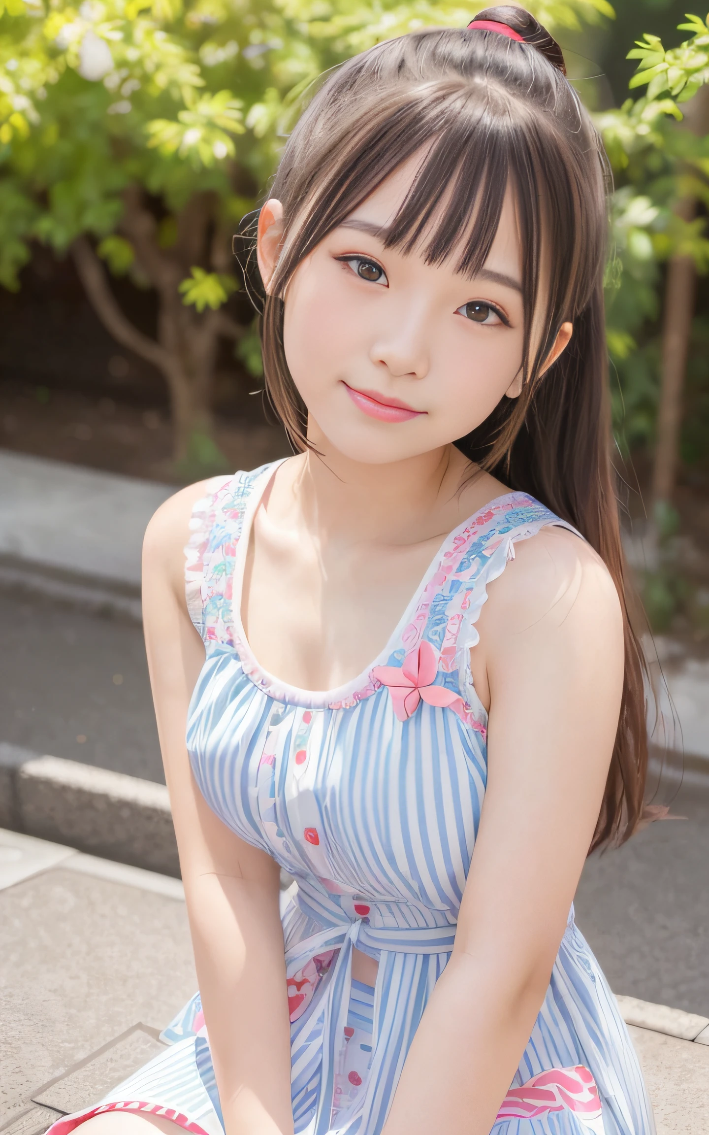 20yr old, japanaese girl, Summer dress, (Face Focus) , hair scrunchie, , (High color saturation:1.0), (highlydetailed skin), (Best Quality:1.0), (超A high resolution:1.0) ,(photographrealistic:1.0), (ultra-detailliert:1.0), (8K, Raw photo:1.1), (Smile:0.7)