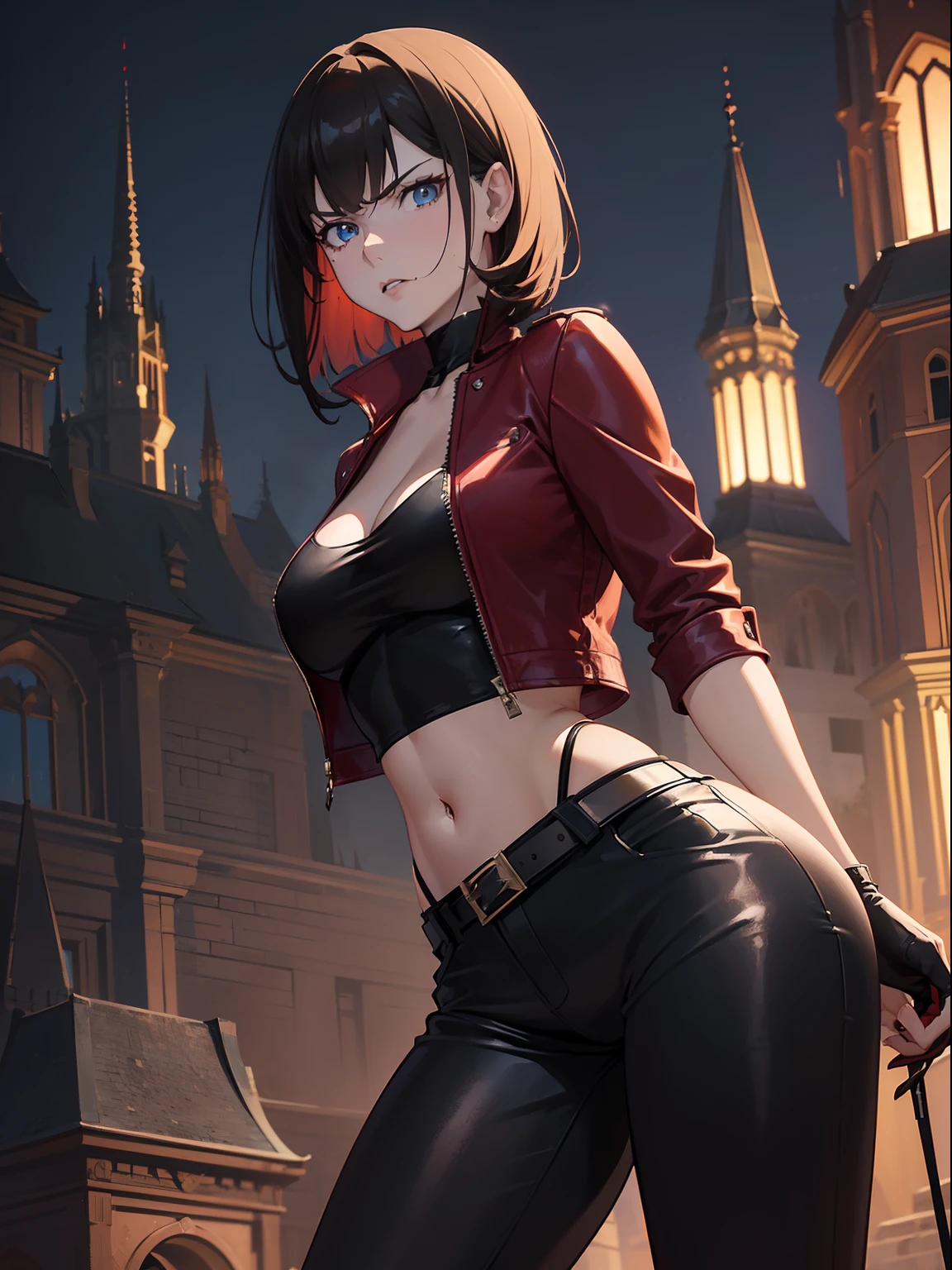 (Masterpiece), Anime Style, A Gorgeous 25 Years Old British Female Vampire Mercenary with Athletic Body, (Wavy Bob Black Hair), (Red Leather Jacket, Black Tanktop, and Black Tight Pants), (Pale Skin), (Blue Eyes), (Serious Looking), (Dark Castle at Night:1.4), Centered, (Waist-up Shot), (View From Front), Intricate Face Detail, Sharp Lines, Highly Detailed, 4k