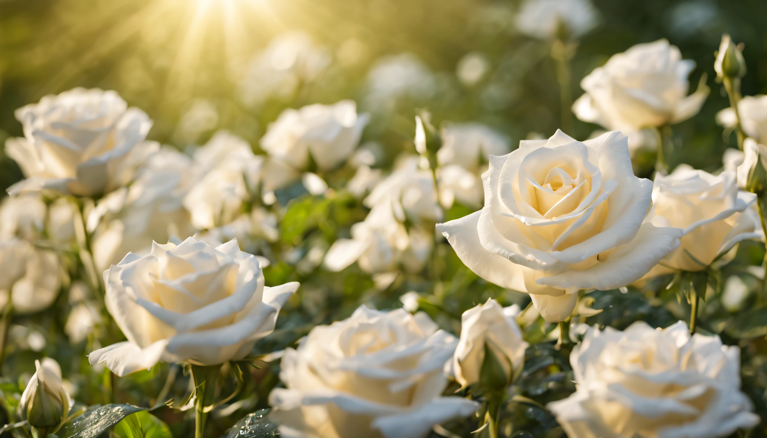 Many white rose flowers in the garden and sunlight with bokeh, dew drops on flower petals (masterpiece, ultra quality, high resolution, 8k, intricate: 1.2), (masterpiece), (best quality:1)