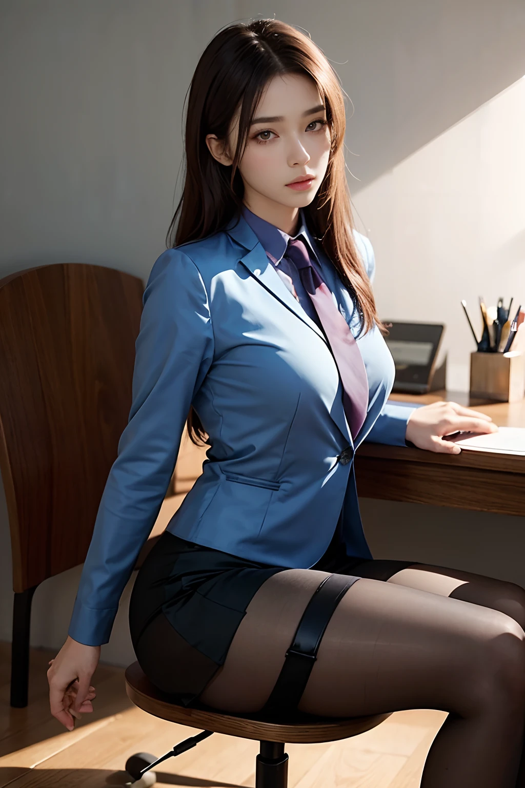25 year old woman, Wearing a women's suit, Office Desk, very beautif, High-definition facial skin texture, realistic skin textures, Model body type, Sit on a chair,  Glossy suit, medium and tall body shape,,,,,,,,,,,,,,,,,Large eyes, The jaw tip is firm, Buttocks are small, Sareme、Cool eyes, Enlarge chin, sitting on, The lower body is small, Cool Beauty, Beautiful shape, Live action, be sweaty, Long straight hairstyles, The bust is slightly larger, a miniskirt, pantyhose, tied behind the back