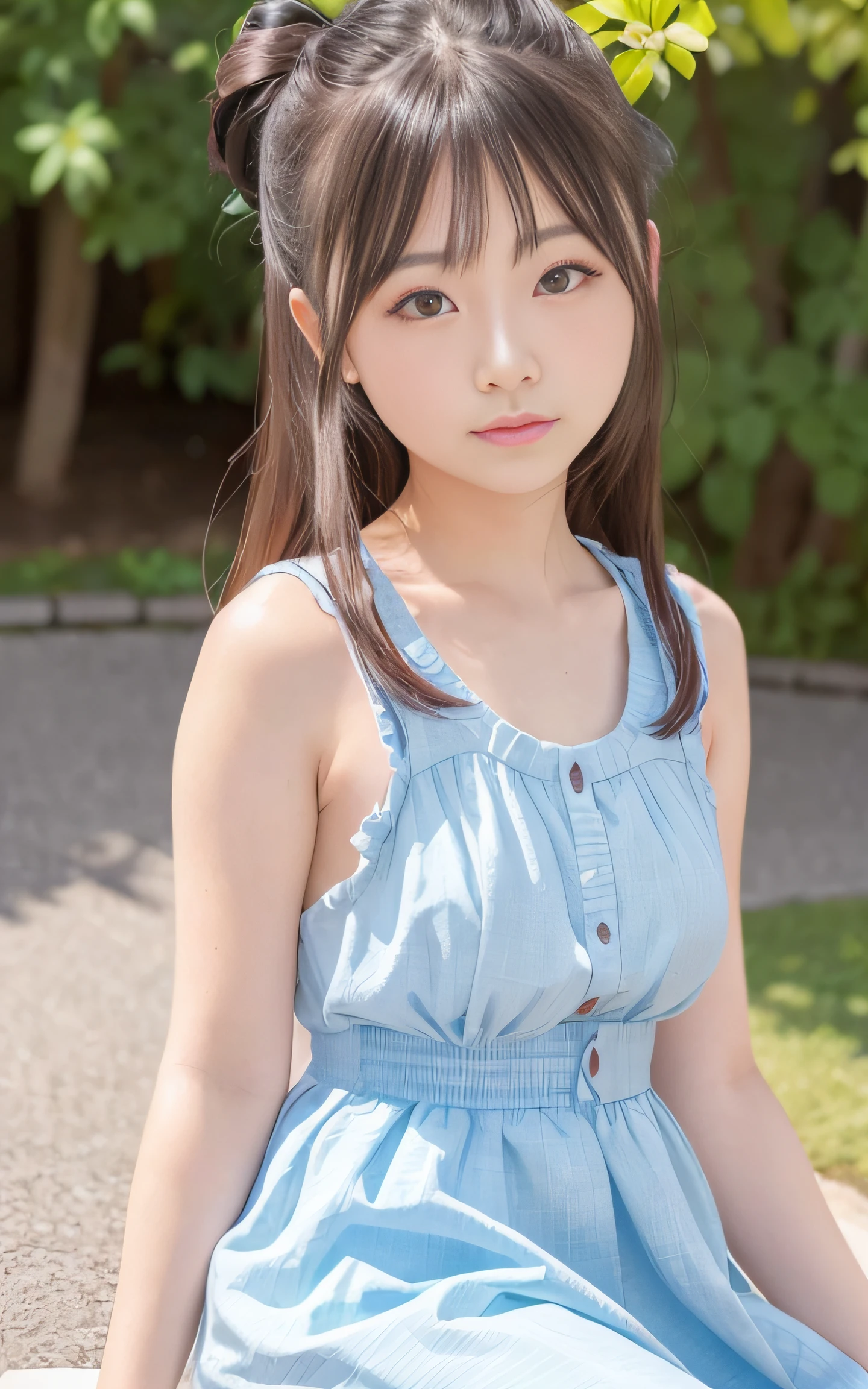 20yr old, japanaese girl, Summer dress, (Face Focus) ,   hair scrunchie,  , (High color saturation:1.0),  (highlydetailed skin), (Best Quality:1.0), (超A high resolution:1.0) ,(photographrealistic:1.0), (ultra-detailliert:1.0), (8K, Raw photo:1.1), (Smile:0.7)