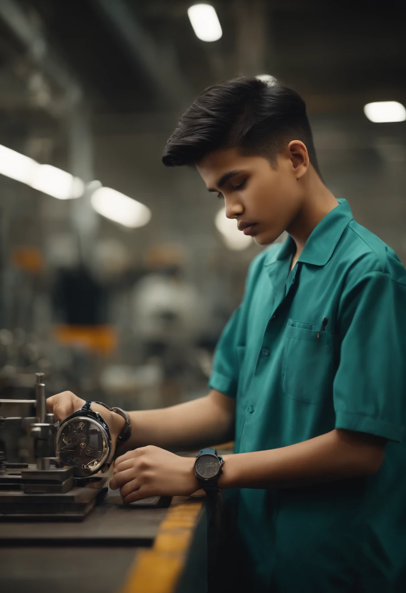 Stylish boy , hand watch, working in the factory
