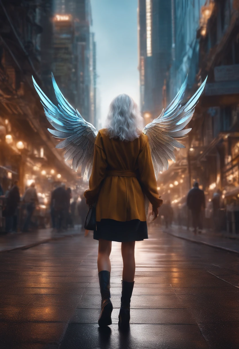People are talking about having a magical glow in their hands,Silver-haired girl with winged back facing away from camera walking in Cyber City