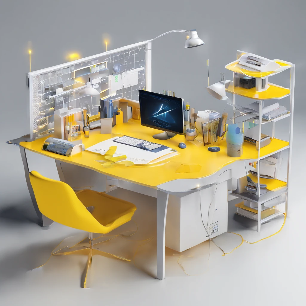 (a futuristic working desk), yellow navy grey white color, simple lightning, cute style, technology element, pc desktop, keyboard, mouse, chair, working desk, controller, headphone, sticky notes, book, white background, fine shape, front-top view