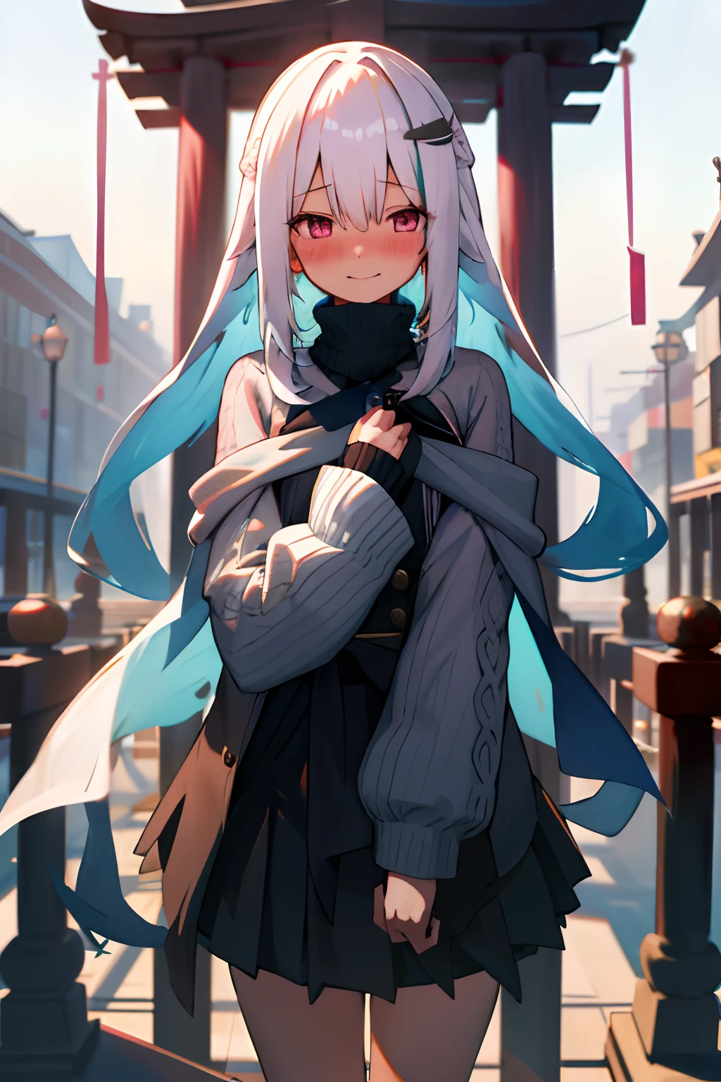 One girl with long hair, white hair, looking at viewer, embarrassed, blushing, :), outdoor, sweater, long sleeves, black hight waist skirt, thigh, arms in chest, new year, temple, shawl