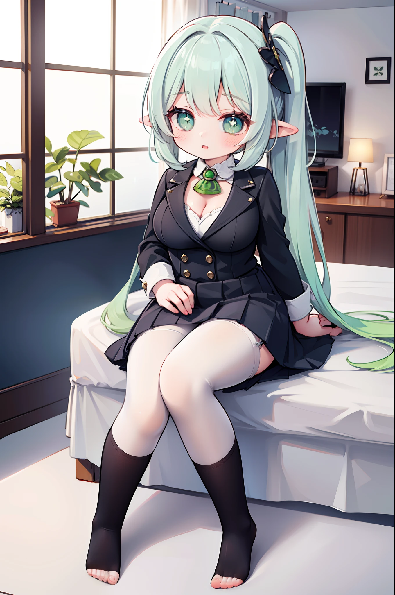 Lori huge breasts cleavage，（（（Small anthropomorphism））），One girl，Secretarial outfit，Work uniforms，Suit suit，Superskirt，lacepantyhose，Cute Baby Turtle、Long、Wavy hair、tmasterpiece、Top image quality、top-quality、Green hair，dual horsetail、Very long hair，White knee-length socks，posing in bed，over knee socks