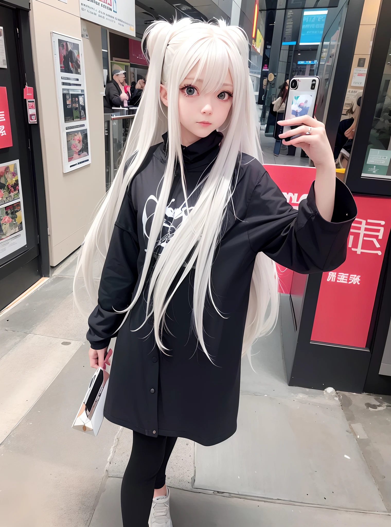 There is a woman with long gray hair holding a mobile phone, with white long hair, with long white hair, Anime girl cosplay, cosplayer, long white hair and bangs, Anime Cosplay, cosplay foto, Anime style mixed with Fujifilm, she is holding a smartphone, Girl with white hair, Cosplay, ulzzangs, real life anime girl
