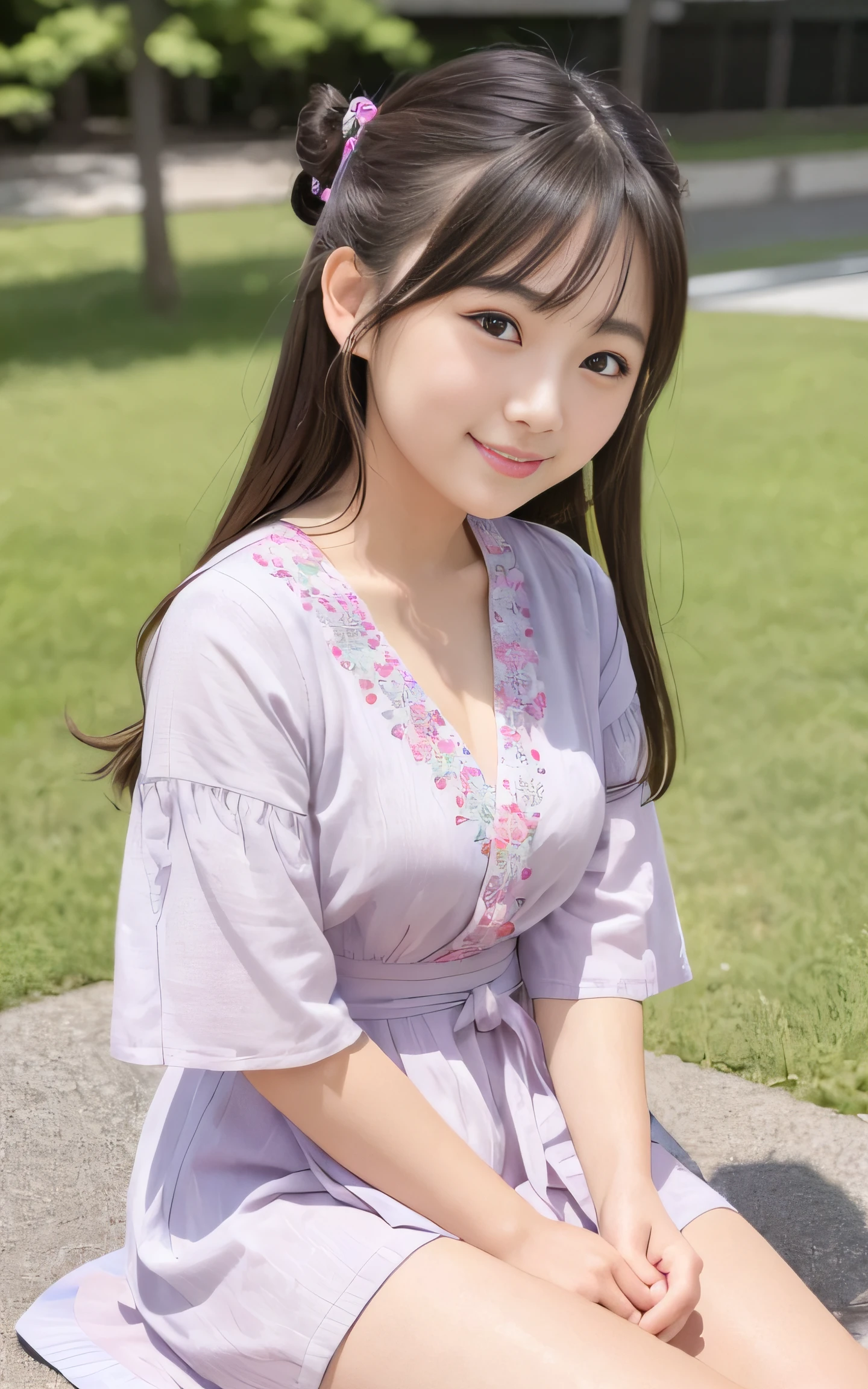 20yr old, japanaese girl, Summer dress, (Face Focus) ,   hair scrunchie,  , (High color saturation:1.0),  (highlydetailed skin), (Best Quality:1.0), (超A high resolution:1.0) ,(photographrealistic:1.0), (ultra-detailliert:1.0), (8K, Raw photo:1.1), (Smile:0.7)