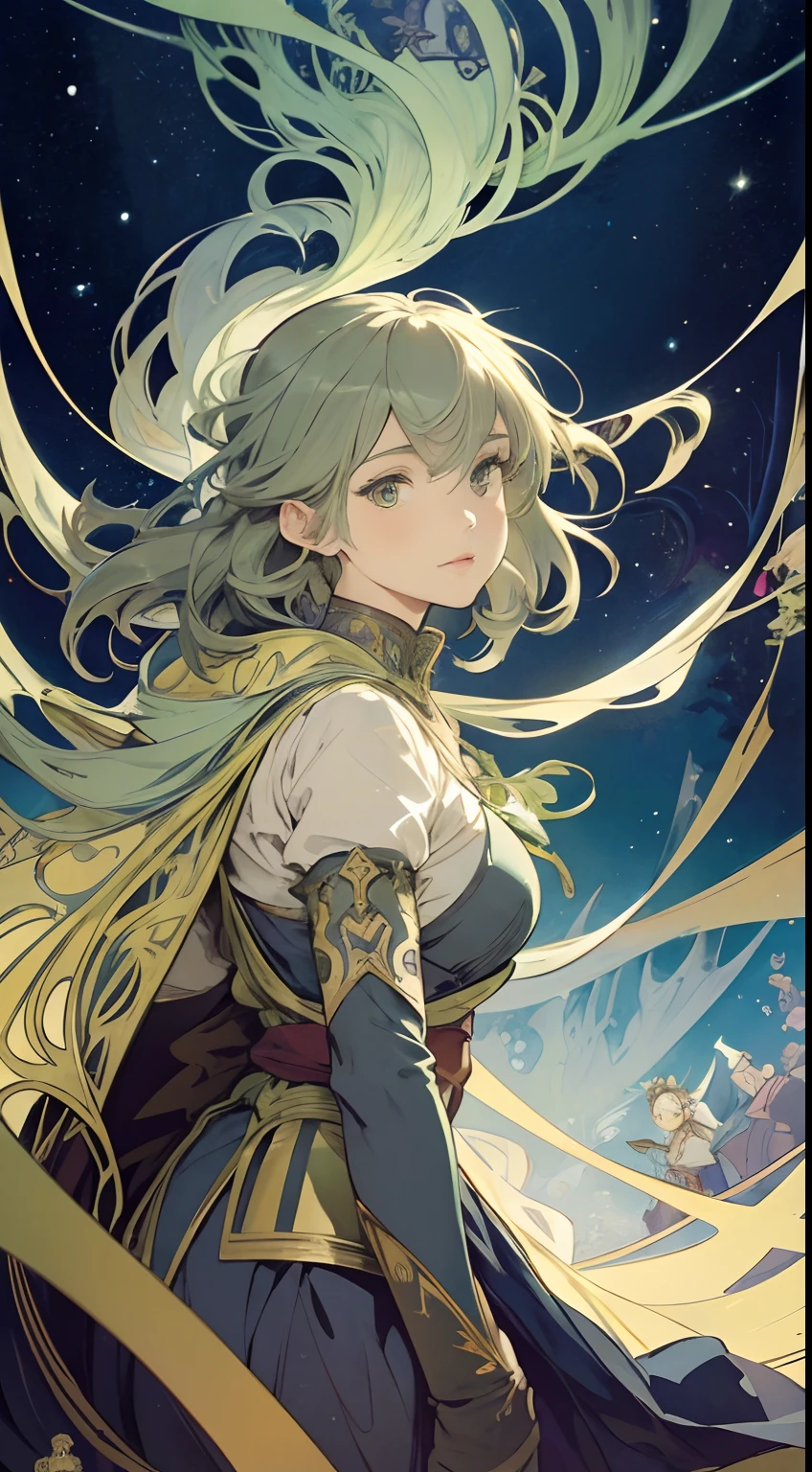 Kate Greenaway, Alphonse Mucha, Maurice Sendak, Japanese anime, surreal, mysterious, strange, fantastical, fantasy, sci-fi, unravel six hanks star of the dark night absorbed by its abyss, and led into the afterlife, detailed, high resolution definition quality masterpiece