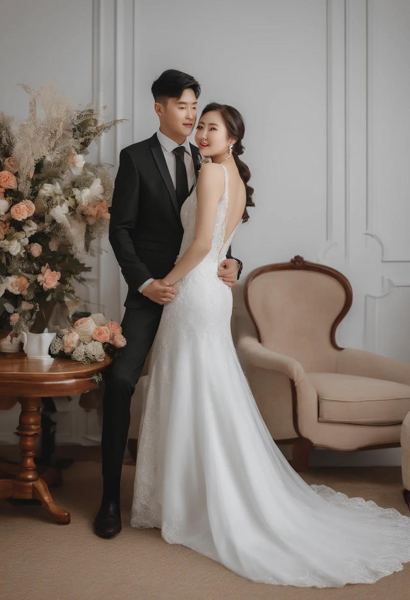 bride and groom posing for a photo in formal attire, wedding photo, lovely couple, happy couple, hi-res scan, hi - res scan, in front of white back drop, bride and groom, 🤬 🤮 💕 🎀, couple portrait, couple, wedding, 155 cm tall, 165 cm tall, couples portrait, couple pose, KOREAN
