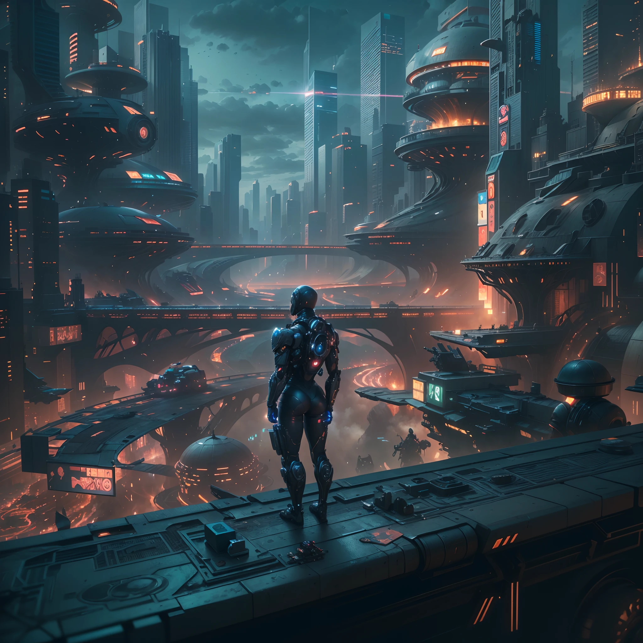 (The CG of the 8k unit wallpaper is extremely detailed, Masterpiece, Best quality, Ultra-detailed), (((Solo)))), ((Extremely wide lens:1.15)), A cyborg looks at a sci-fi city in the distance from a bridge, ((full bodyesbian)), (High detail), (Intricate details), Intricate, Magnificent scene, Detailed environment, highly detailed environments, Illustrator, (Masterpiece).