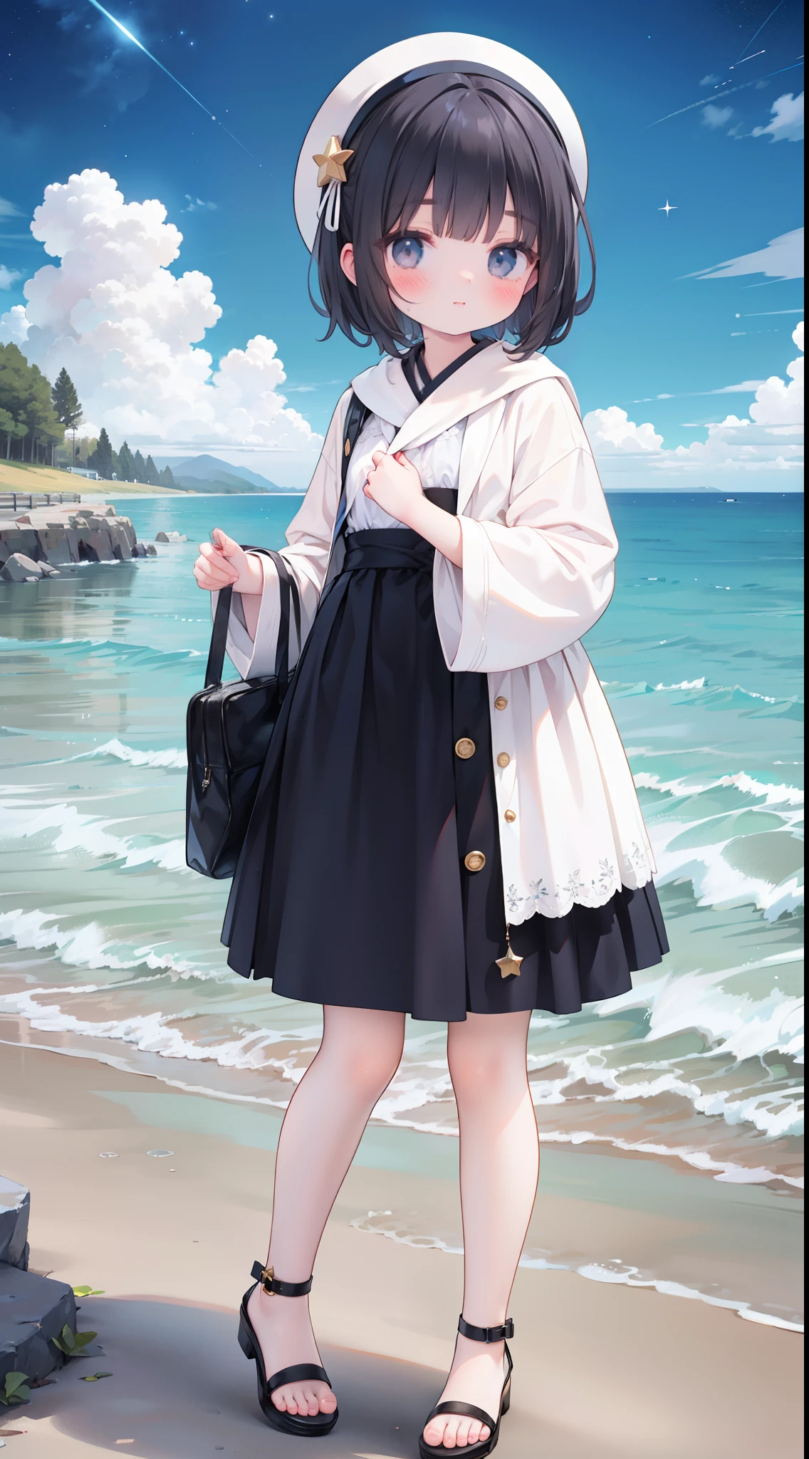 The *********** in beautiful clothes is cute，Holding a glowing star by the sea，Full body photo