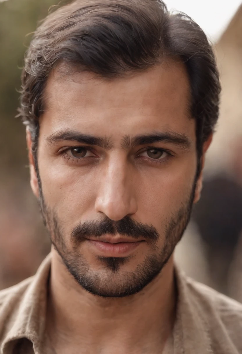 A closeup of the Syrian man's face, um corpo magro, Macho bonito, not shirt, peito peludo, Manly man, bigode 1980, manly