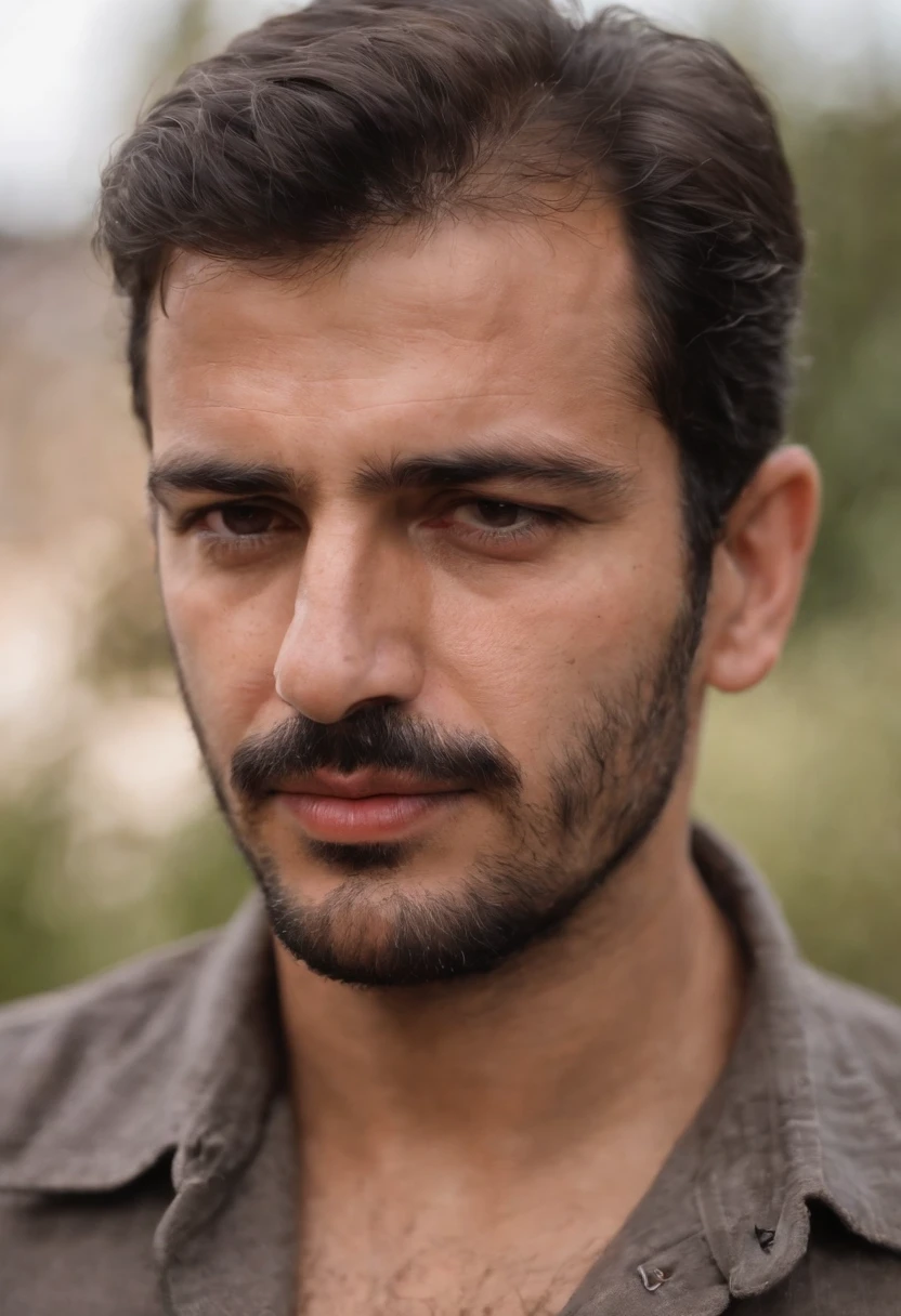 A closeup of the Syrian man's face, um corpo magro, Macho bonito, not shirt, peito peludo, Manly man, bigode 1980, manly