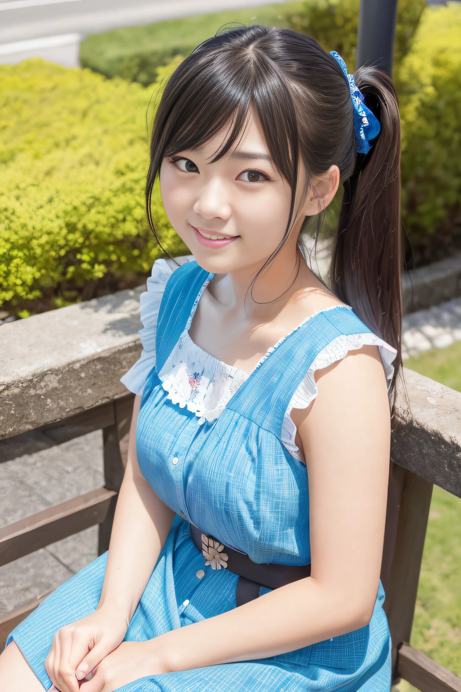 20yr old, japanaese girl, Summer dress, (Face Focus) ,   hair scrunchie,  , (High color saturation:1.0),  (highlydetailed skin), (Best Quality:1.0), (超A high resolution:1.0) ,(photographrealistic:1.0), (ultra-detailliert:1.0), (8K, Raw photo:1.1), (Smile:0.7)