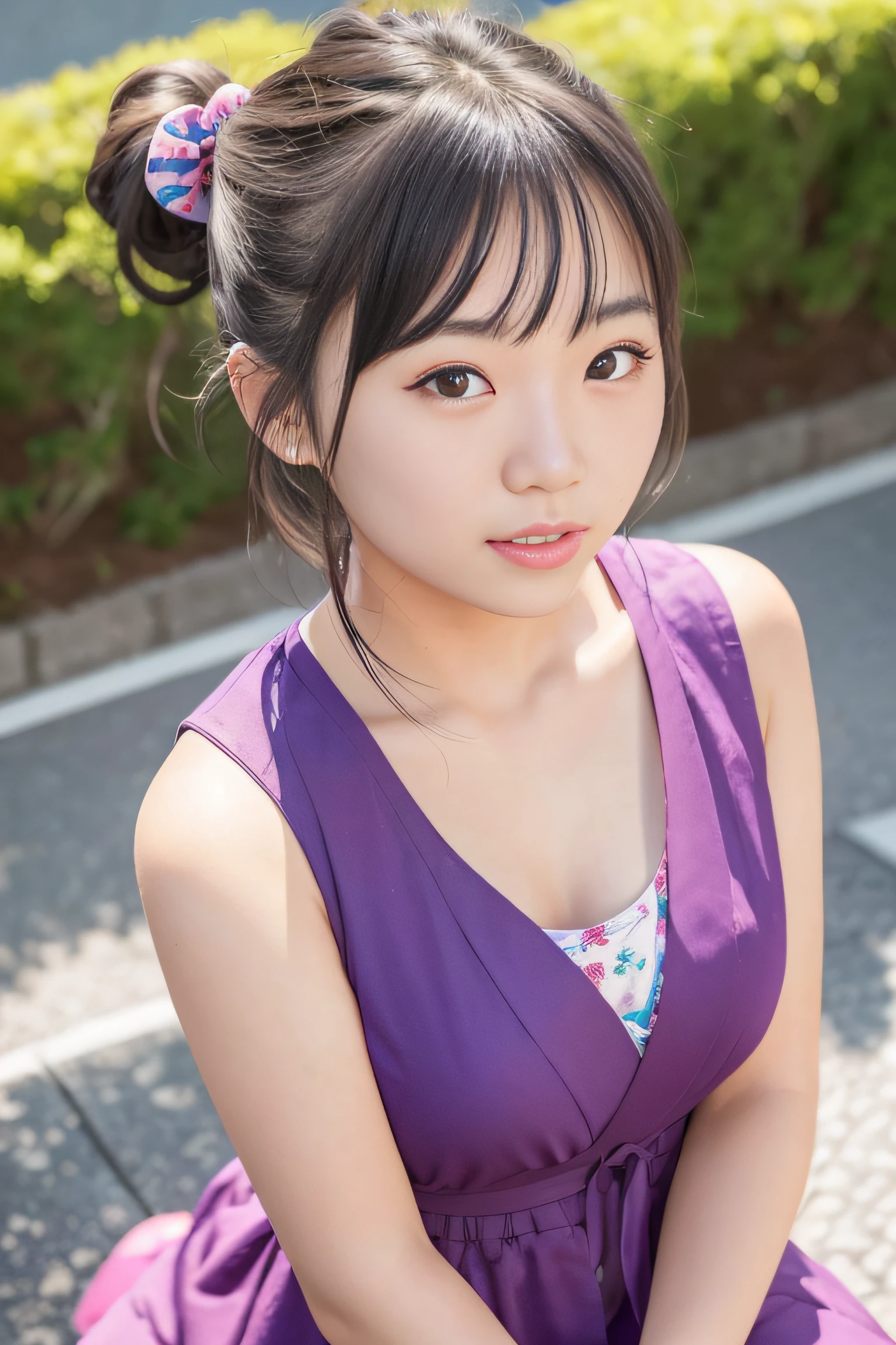 20yr old, japanaese girl, Summer dress, (Face Focus) ,   hair scrunchie,  , (High color saturation:1.0),  (highlydetailed skin), (Best Quality:1.0), (超A high resolution:1.0) ,(photographrealistic:1.0), (ultra-detailliert:1.0), (8K, Raw photo:1.1), (Smile:0.7)