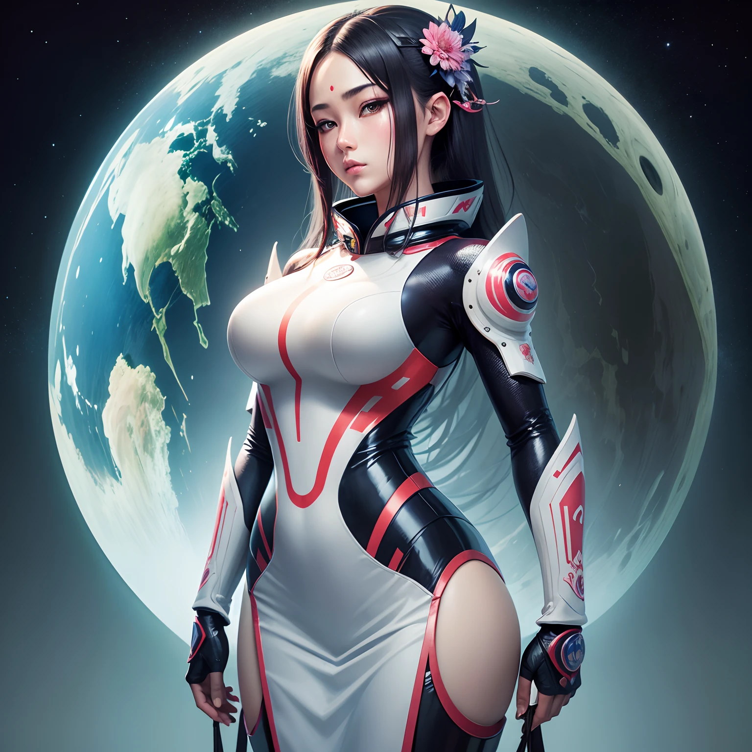 Ukiyo-e style M C Escher, japanese anime surreal mysterious strange bizarre fantasy sci-fi fantasy space cricket space suit beautiful girl detailed, high resolution definition quality masterpiece vibrant colors, girl, masterpiece, sharp focus, best quality, depth of field, cinematic lighting ,