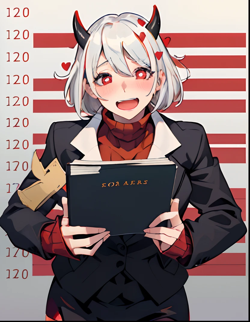 (masterpiece, best quality:1.2), cowboy shot, solo, 1girl, htmodeus, blush, open mouth, laughing, white hair, medium short hair, black horns, looking at viewer, holding, book, heart-shaped pupils, formal, black jacket, red sweater, turtleneck, sleeves past wrists, black skirt, red pantyhose