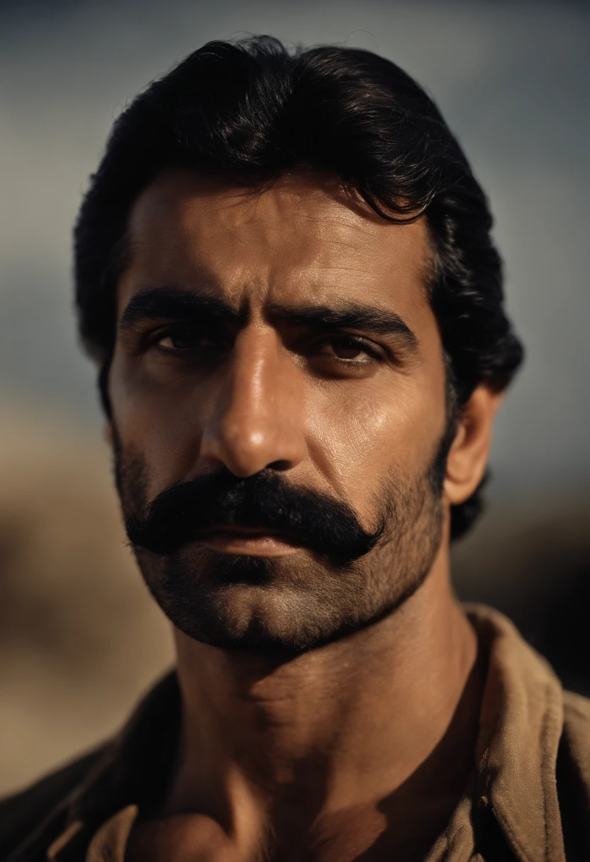 A closeup of the Syrian man's face, um corpo magro, Macho bonito, not shirt, peito peludo, Manly man, bigode 1980, manly