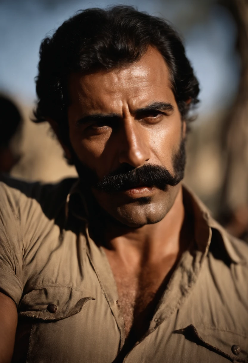 A closeup of the Syrian man's face, um corpo magro, Macho bonito, not shirt, peito peludo, Manly man, bigode 1980, manly