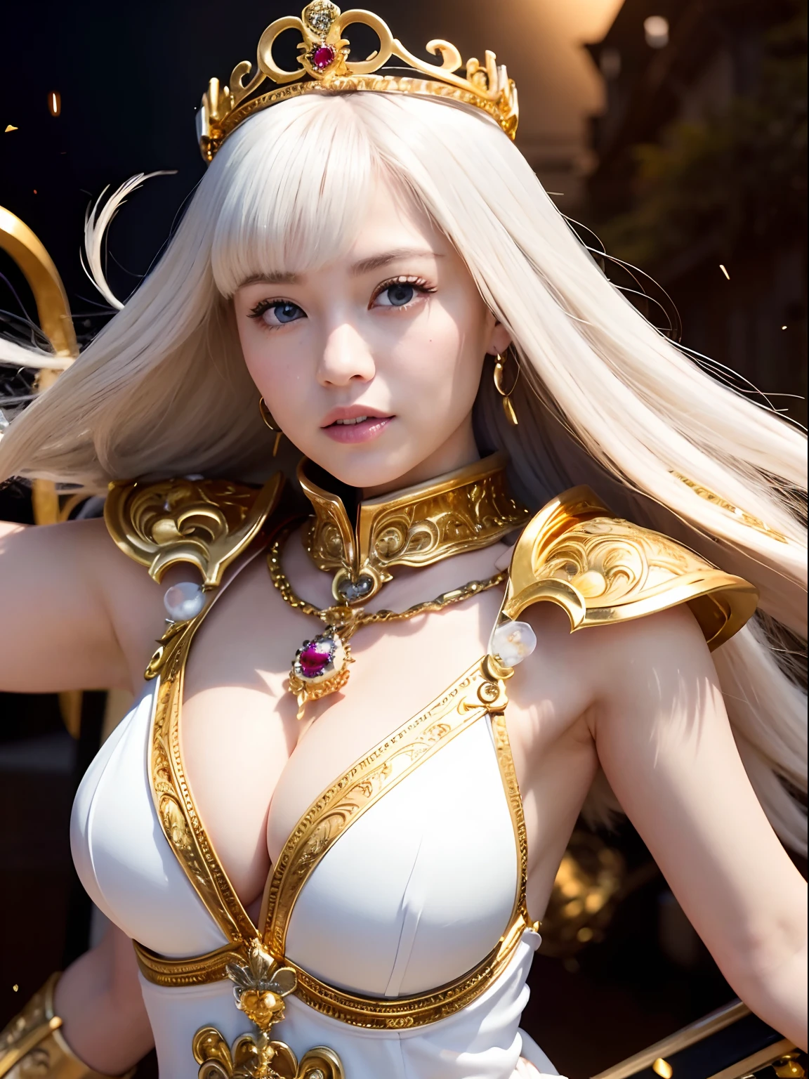 (masutepiece), Professional , ​masterpiece、top-quality、photos realistic , depth of fields （Gemstone White Metal Body:1.９),(Matte White、Jewel Gold Weapon（Jewel Metal Body:1.４),Gorgeous metal weapons ,（（ Detailed and gorgeous sword of the brave）） , Beautiful knife   ,warhammer 40k , adepta sororitas,Detail and ornate jewel crown、（（Micro Bikini Armor））、（（Gangle's forest background））、Beautiful Caucasian beauty、１a person、dynamic ungle,(((Detailed and ornate diamond crown)))、Smaller head、A smile、Background inside the castle、Thin and beautiful female hands、cleavage of the breast、Soldier in iron armor on background、Mystical expression、Light Effects、intense fighting、Wind-effect、magic circles、With the legendary magic wand、（wings of light）、Toostock、Toostock、