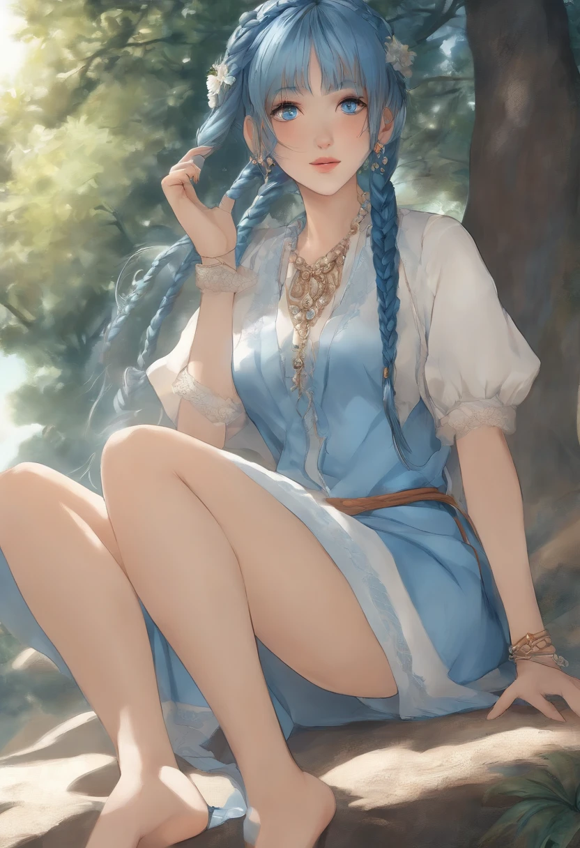 1girl, mangas laranja, cabelos brancos, pele branca, Ornamento do cabelo azul claro, blue suspenders, roupas azuis, Olhos azuis claros, bare feet, double braids