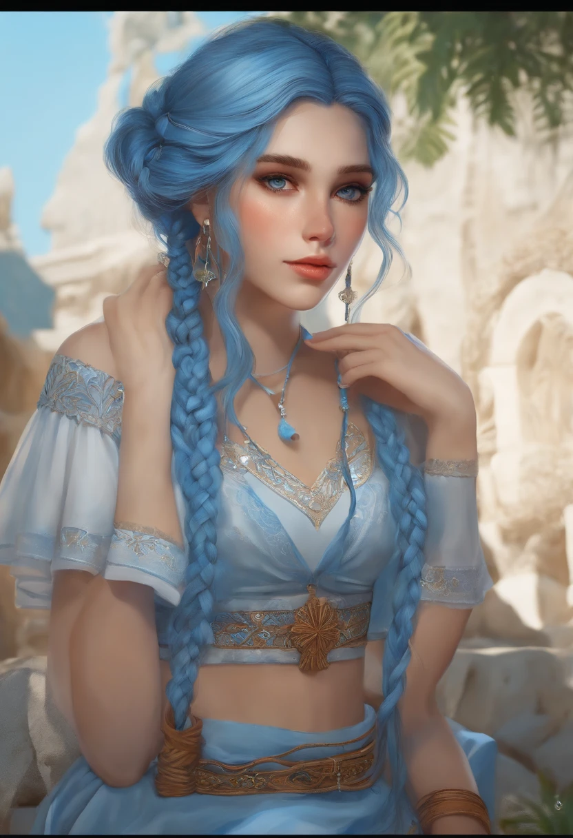 1girl, mangas laranja, cabelos brancos, pele branca, Ornamento do cabelo azul claro, blue suspenders, roupas azuis, Olhos azuis claros, bare feet, double braids