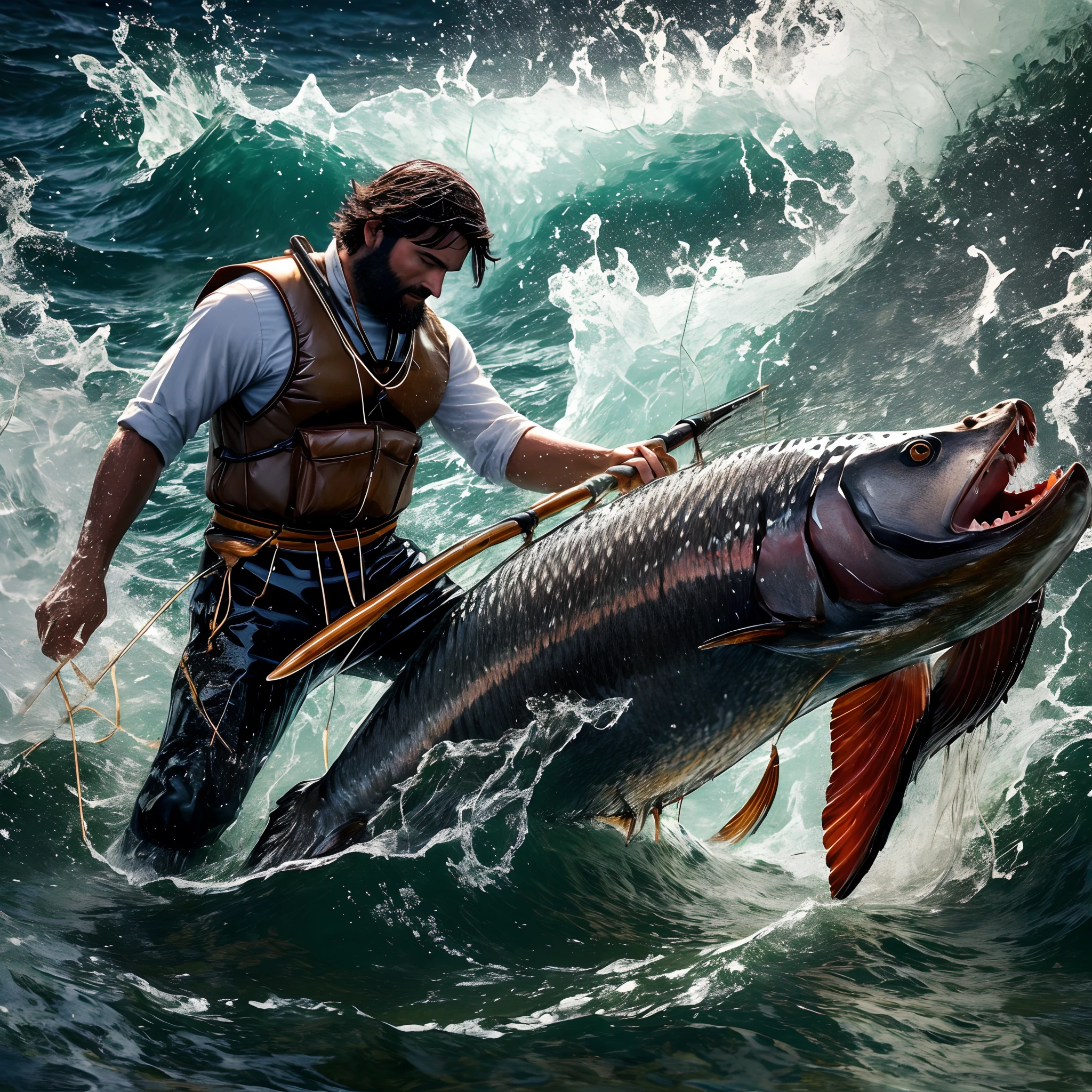 (best quality,alto),A boy fishing for salmon in Alaska, Na margem do rio, um urso gigantesco perseguindo o pescador, Dramatic lighting and intense atmosphere, cores vibrantes, Detailed representation of man's fishing equipment and bear skin, Estilo fotorrealista, sparkling water, movimento poderoso, breathtaking landscapes