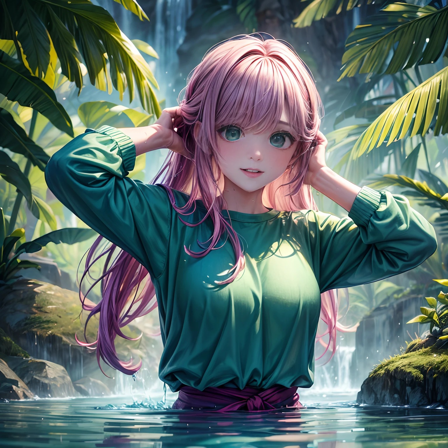 masterpiece, best quality, casual outfit, colorful hair, outdoor,upper body, colorful summer clothes, ((fully clothed)), warm clothes, wet clothes, soaked, drenched, excited, wet hair, wet and slimy, water up to her chest, submerged, translucent, fantasy environment, fantastical, vivid colors, varied poses, detailed green eyes, reese Witherspoon