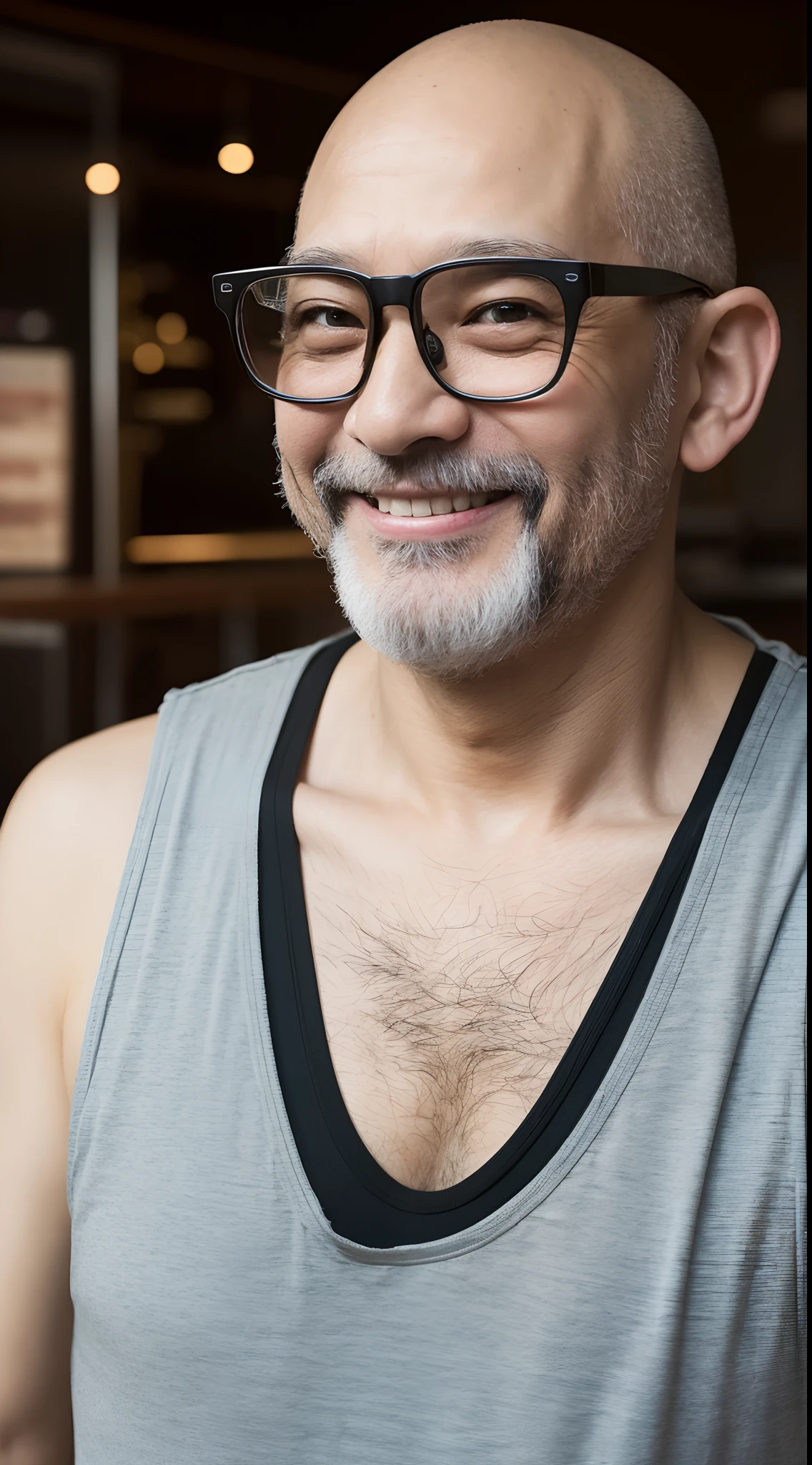 4K、Raw photo、Photoreal Stick、hight resolution , ((Bald 40-year-old man))、Looking at the camera、a smile、Wearing glasses、Tank tops、short pants、Starbucks