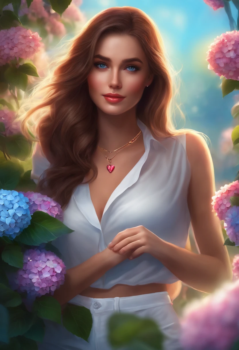 4k, June Scenario, Beautiful woman, cabelos longos, brown hair, medium breasts, olhos azuis, camisa branca, hot pants, Neon Red Heart Necklace, Olhando para o Viewer, Noite, colorful hydrangea