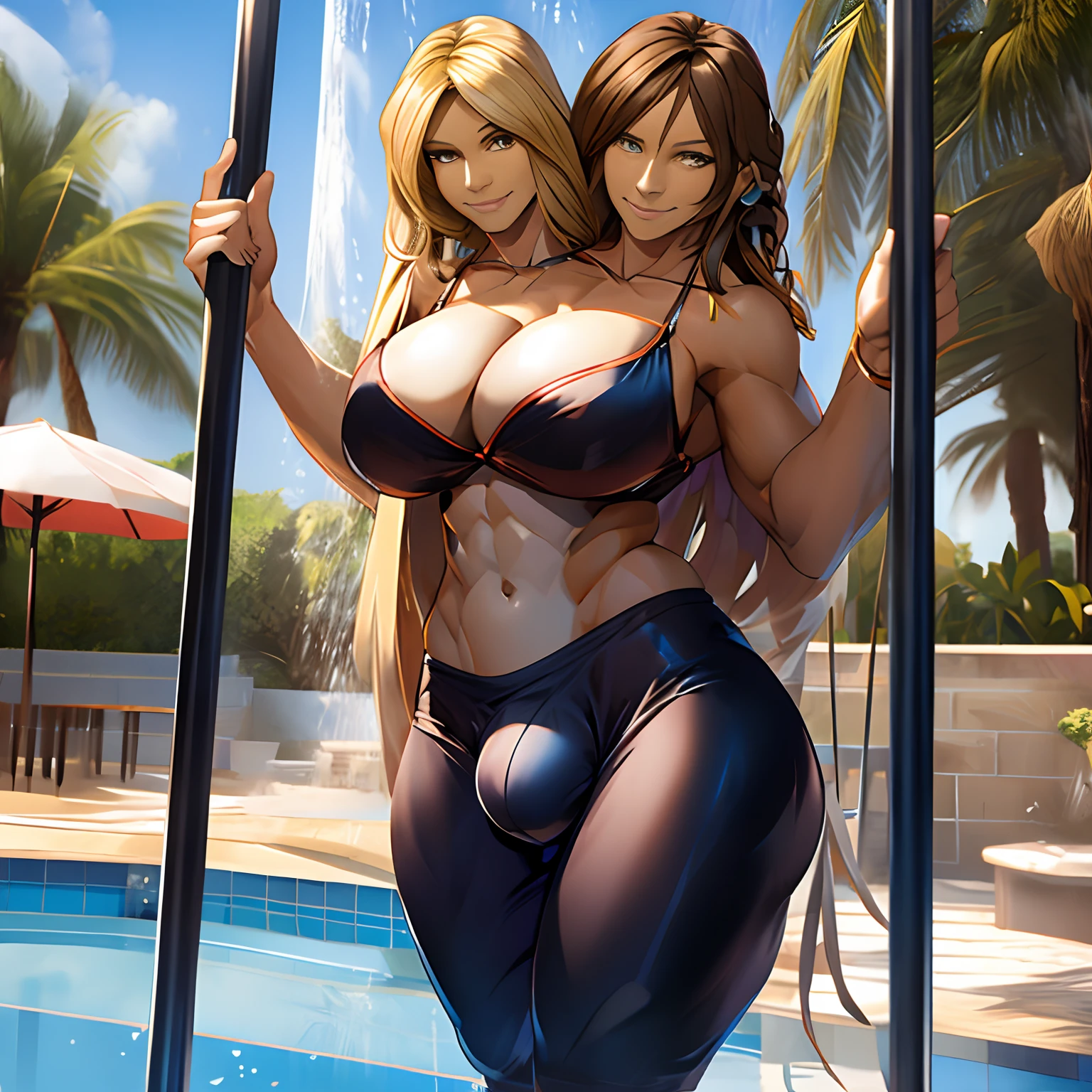 2heads,1man,( big bulge:1.3), feminine face, no body hair, no facial hair,,47 years old,sexy Argentinian topless sunbather, platinum blonde, dark brown hair, goatee, pole dancing, looking at viewer with lust,crows feet, mature,wide hips, small waist,tight short lycra,perky breasts, cleavage, at an outdoor shower by the public pool, crotch dripping