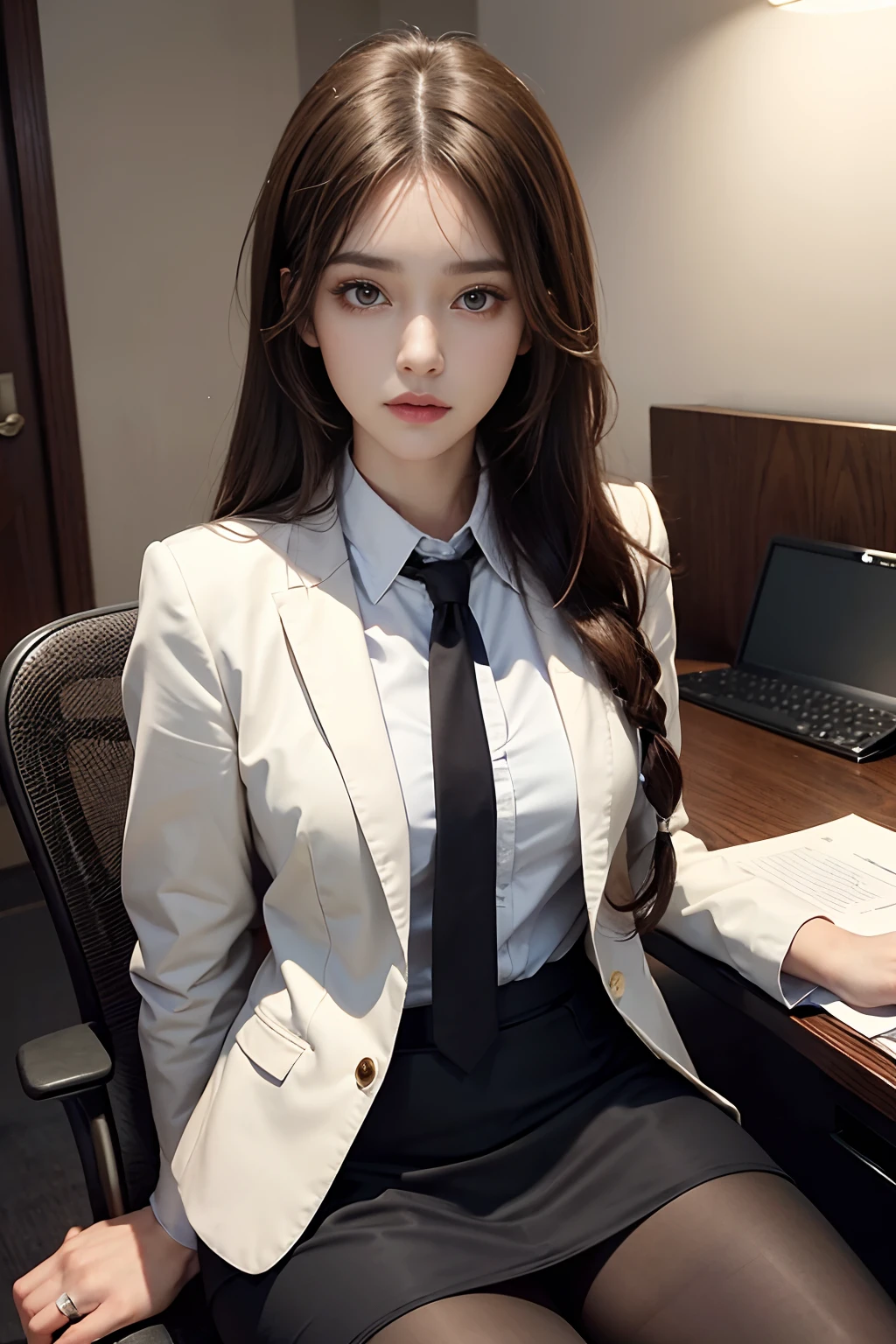 40-year-old woman, Wearing a women's suit, Office Desk, very beautif, High-definition facial skin texture, realistic skin textures, Model body type, Sit on a chair,  Glossy suit, medium and tall body shape,,,,,,,,,,,,,,,,,,Large eyes, The jaw tip is firm, Buttocks are small, Sareme、Cool eyes, Enlarge chin, sitting on, The lower body is small, Cool Beauty, Beautiful shape, Live action, be sweaty, Long straight hairstyles, The bust is slightly larger, a miniskirt, pantyhose, tied behind the back