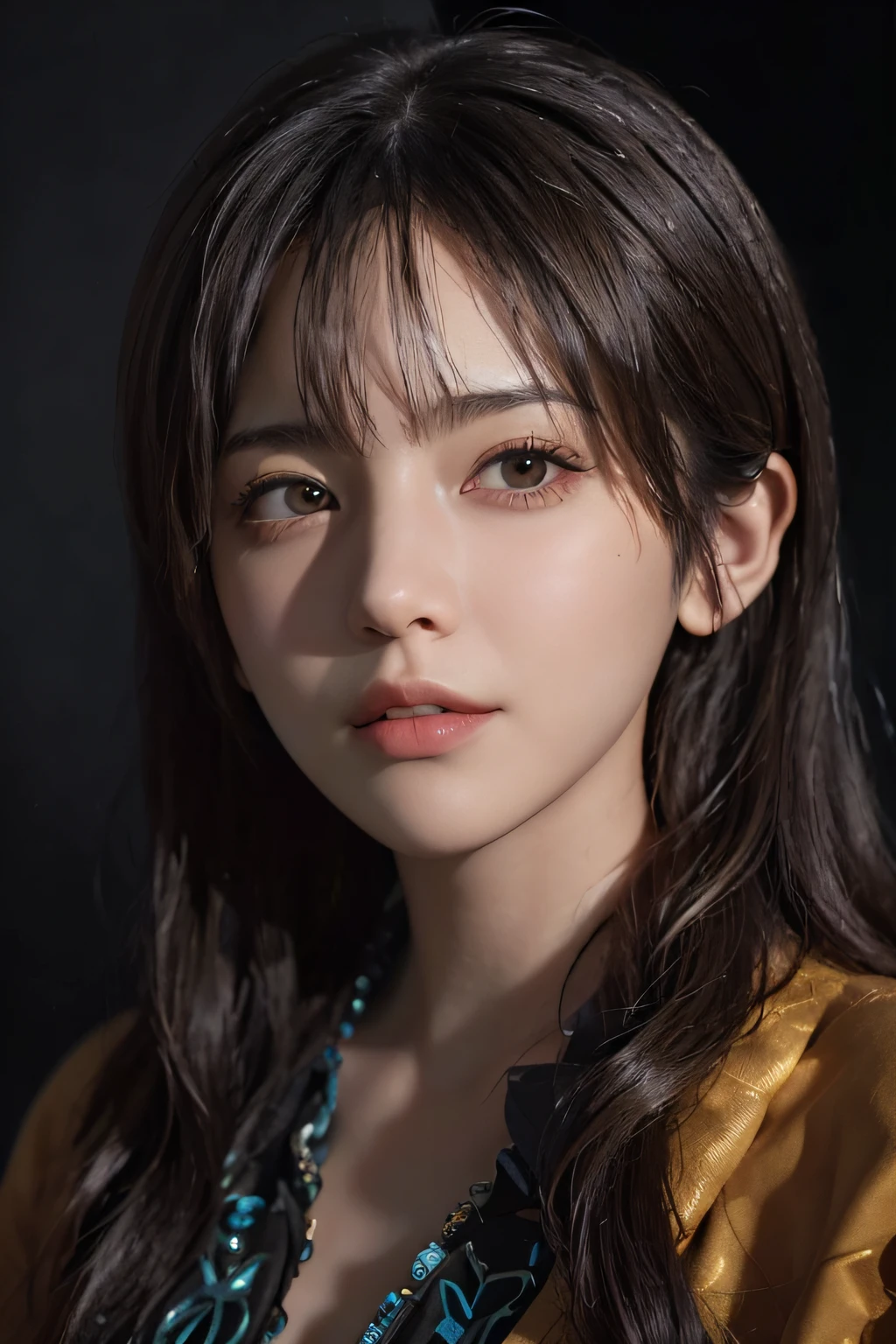 (front focus),(in the dark:1.6), Hyperrealist portrait of female by david hockney and alphonse mucha,fantasy art, photo realistic, dynamic lighting, artstation, poster, volumetric lighting, very detailed faces, 4 k, award winning,, 1girl, in the dark, deep shadow, low key,cowboy shot,(official clothing:1.4) ,long hair,white hair,