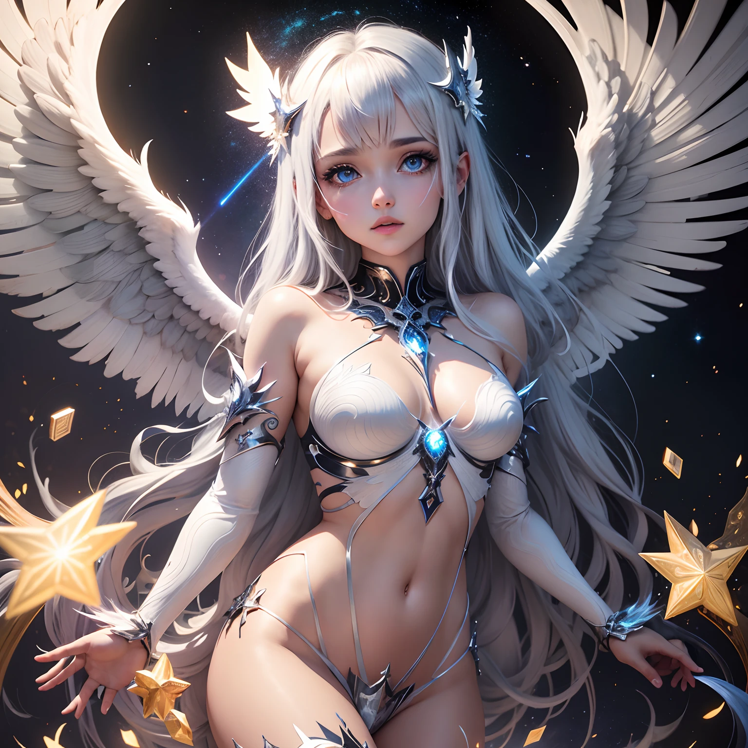 cosmic fallen angel, olhos claros brilhantes, Biomechanicals, estranho, assustador, Pesadelo, cores muito brilhantes, light particles, com luz brilhante, Mshiff, Arte do papel de parede, Papel de parede UHD