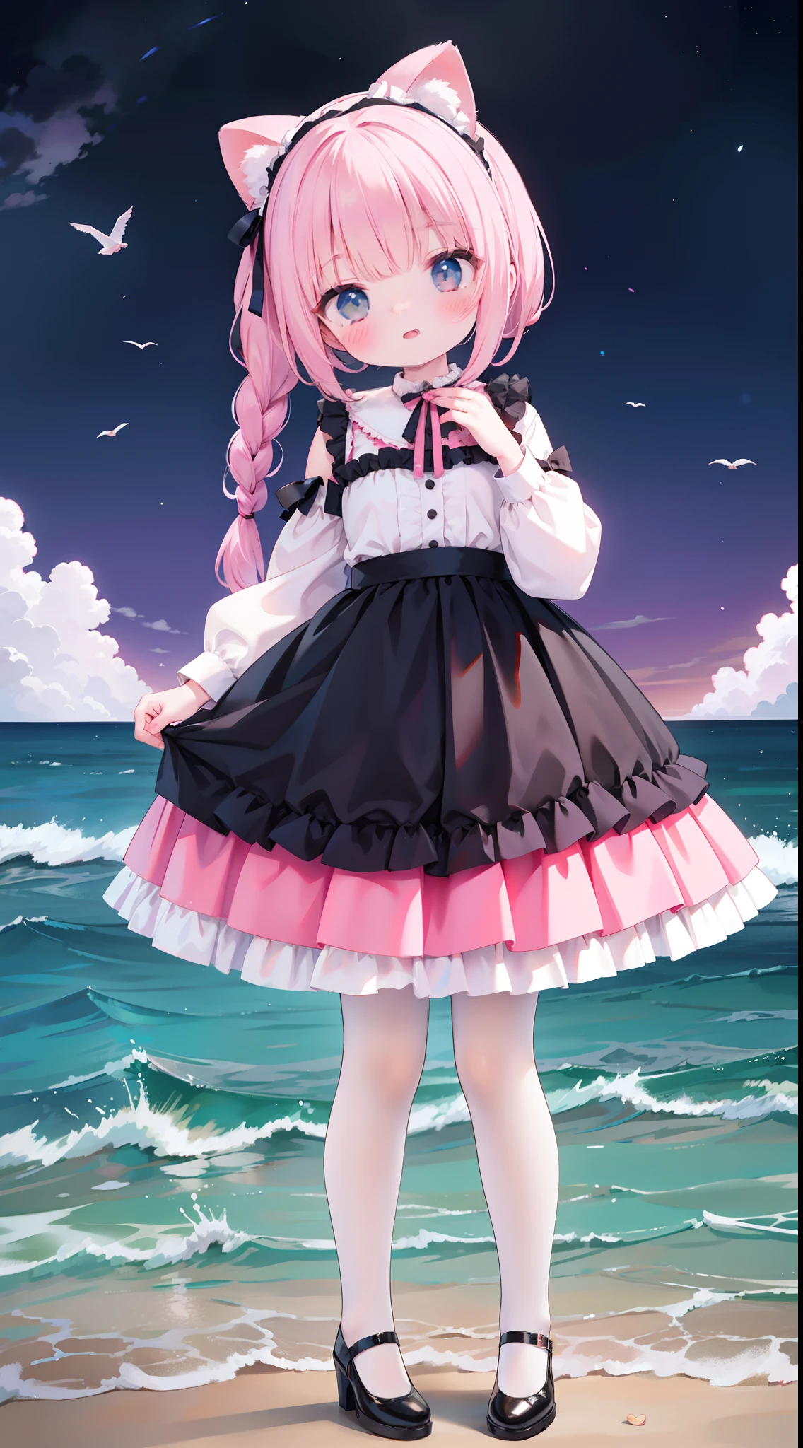 Wear beautiful clothes（Pink Lolita skirt）The  girl was cute，Tied with a ball head，hair tying up，lacepantyhose，red high heel pumps，Holding a glowing star by the sea，seagulls，Full body photo