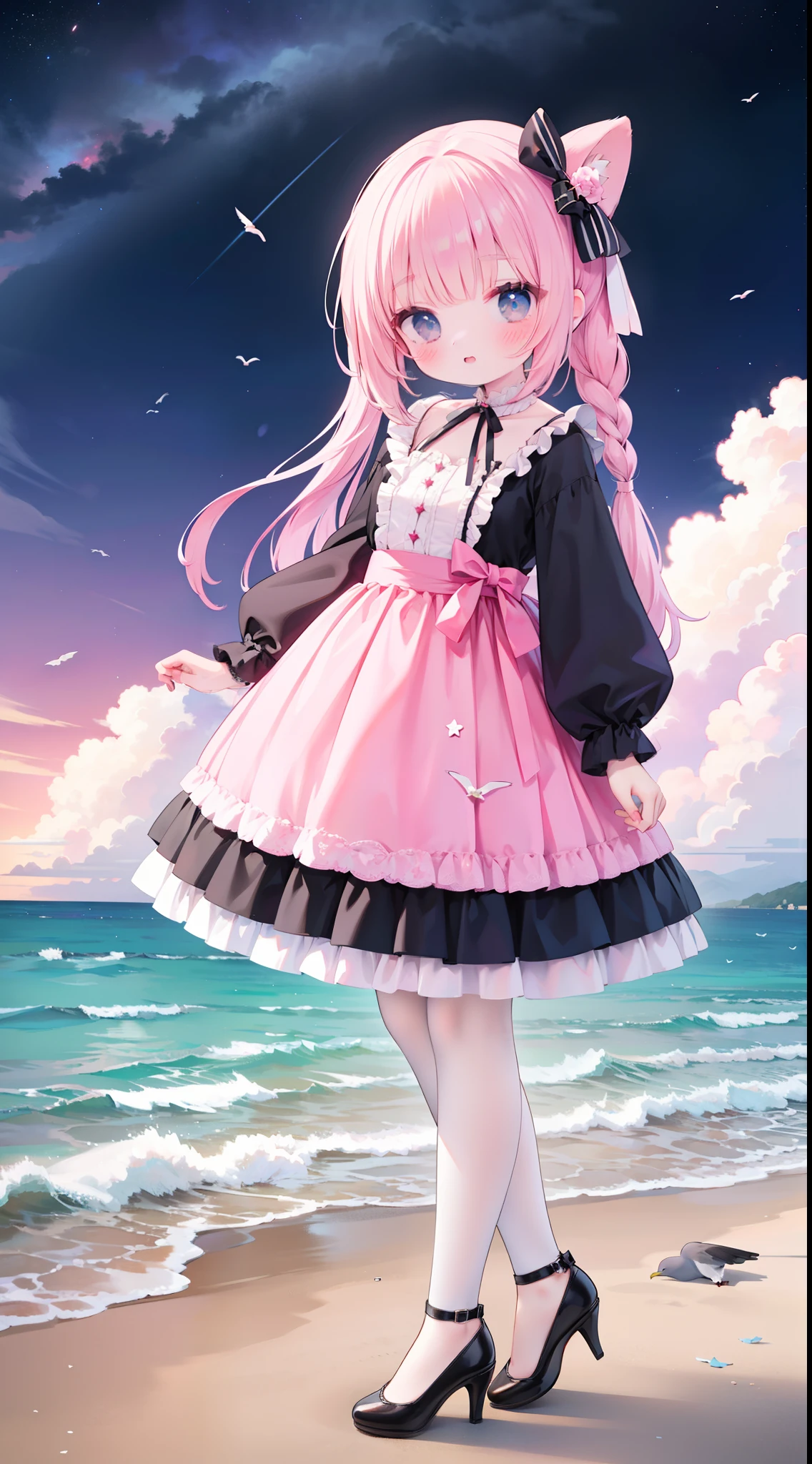 Wear beautiful clothes（Pink Lolita skirt）The  girl was cute，Tied with a ball head，hair tying up，lacepantyhose，red high heel pumps，Holding a glowing star by the sea，seagulls，Full body photo