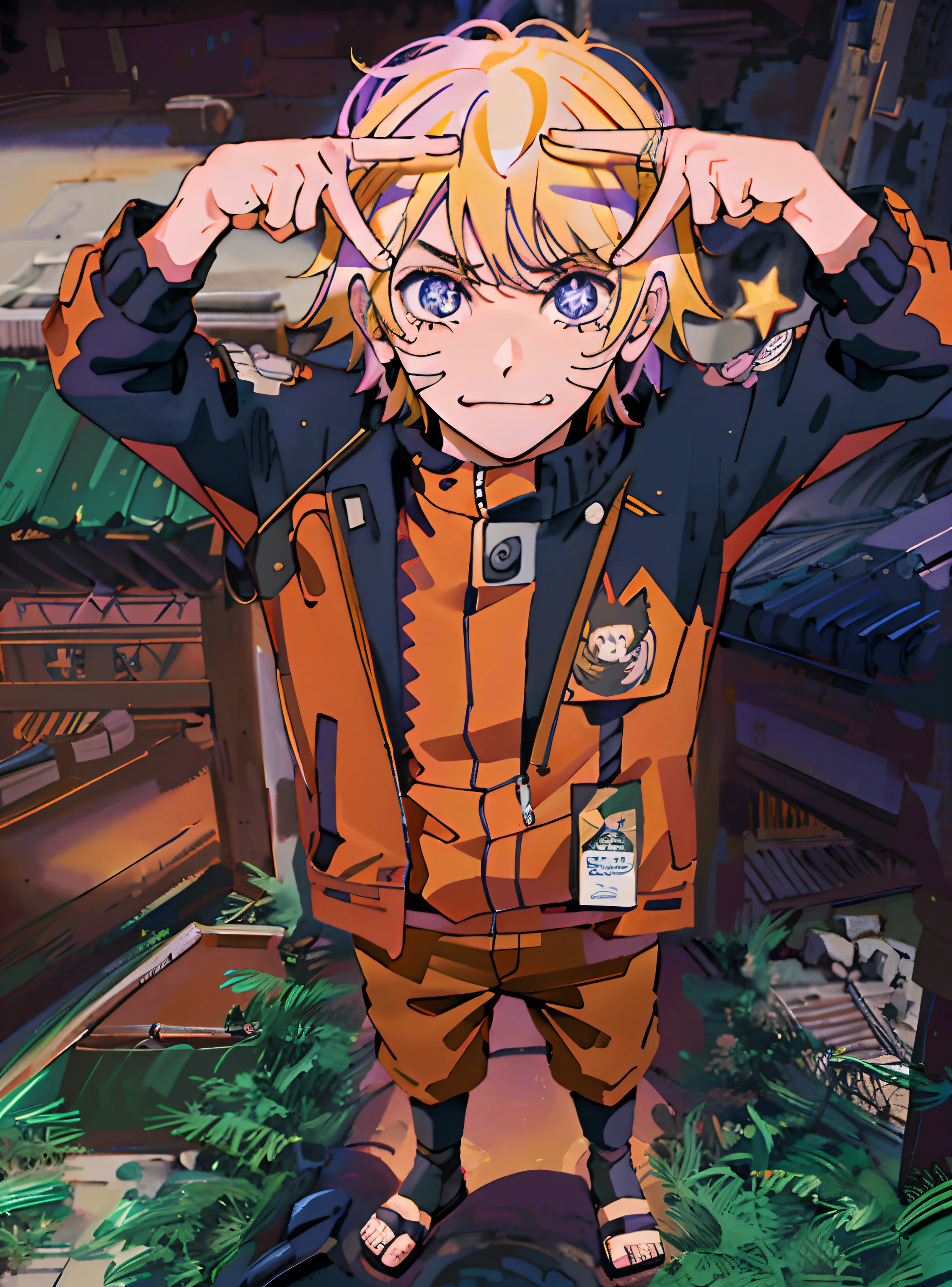 1 boy, full body, cowboy shot,
(Rembrandt), illustration, (masterpiece), (best quality), (ultra_detailed), finely detail, (Depth of field),gloves, tongue out, tongue, yellow hair, star \(symbol\), looking at viewer, (purple hair:1.2), blue eyes, upper body, :p, orange jacket, smile,  shirt, idol, star symbol-shaped pupils, hands up,naruto hair, one side up, star-shaped pupils, arms up, Hoshino AI pose , Hoshino Ai eyes
naruto jacket,
Roaring Twenties, isometric, from above, sky, flower, cliff,