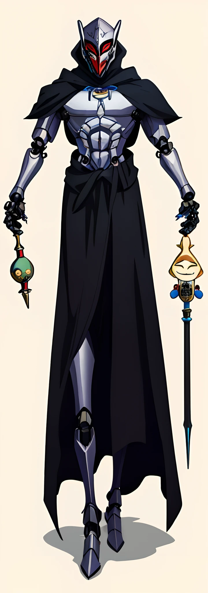 Concept art, 1person, (walking on two legs:1), Humanoid-robotic creature Persona4/5 style creature, (reimagined Sandman), (benevolent european entity of myth-legends), (androgynous) slender humanoid hooded figure, flowing silver hair and pale skin, They are wearing a black cloak that billows around them like smoke, (Robotic stylized mask:1.3), robotic unique stylized feet models, Carrying in its hand a hourglass filled with swirling miraculous sand, (intricate details), (Masterpiece), ultimate HD, 8K Ultra-HD, robotic-demonic-benevolent deity combined style, Persona style, Persona demon creature, SMT creature, (Video Game Concept Art:1.2)