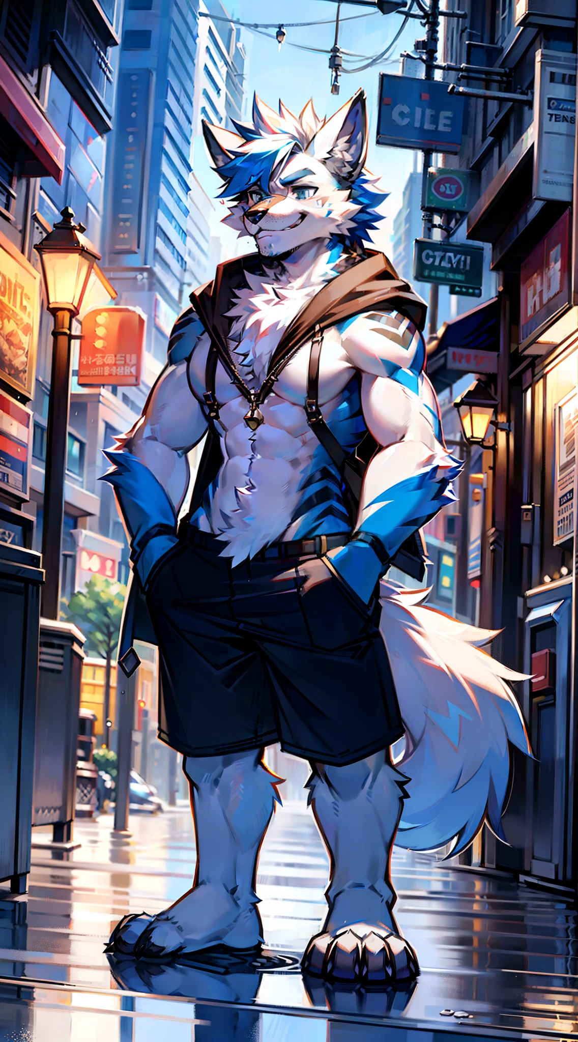 furry wolf,male people,Blue and white hair,Adult male wolves,Tall,Large size,musculature,Street corner in the rain,Trash cans around,decrepit,Standing in the rain,The body is drenched,Wear a pair of gray shorts,Naked upper body,Moon Night,Big blue eyes,Handsome,Domineering,ssmile,Scar,shaggy,shaggy,Furry,Critters,Furry,tit,Realistic wolves,mature,Mouth length,with a big head,Chest hair